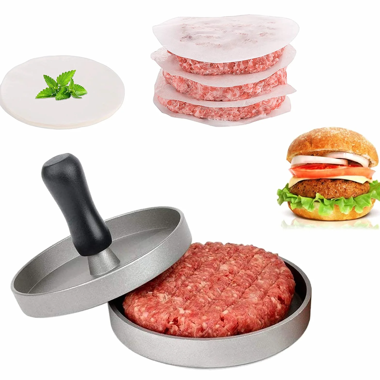 Pressa Hamburger in Alluminio - Stampo per Hamburger Antiaderente con Set di 100 Carta per Hamburger - Ideale per Hamburger di Carne e Vegetariani - Accessorio per Barbecue