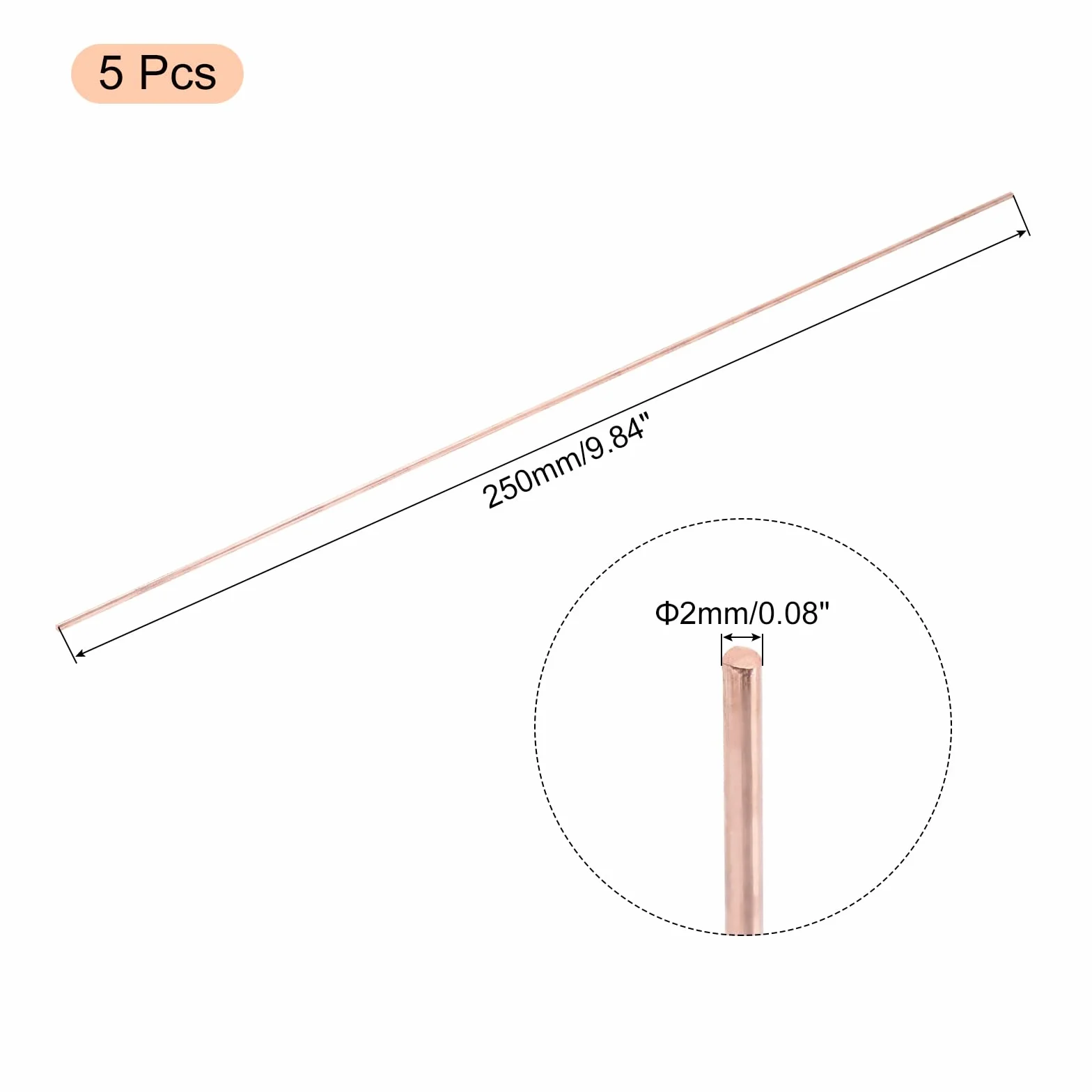 QUARKZMAN Confezione da 5 barre rotonde in rame puro 2 mm/0,08 pollici, diametro 250 mm/10 pollici, asta in rame massiccio, per artigianato in metallo, hobby