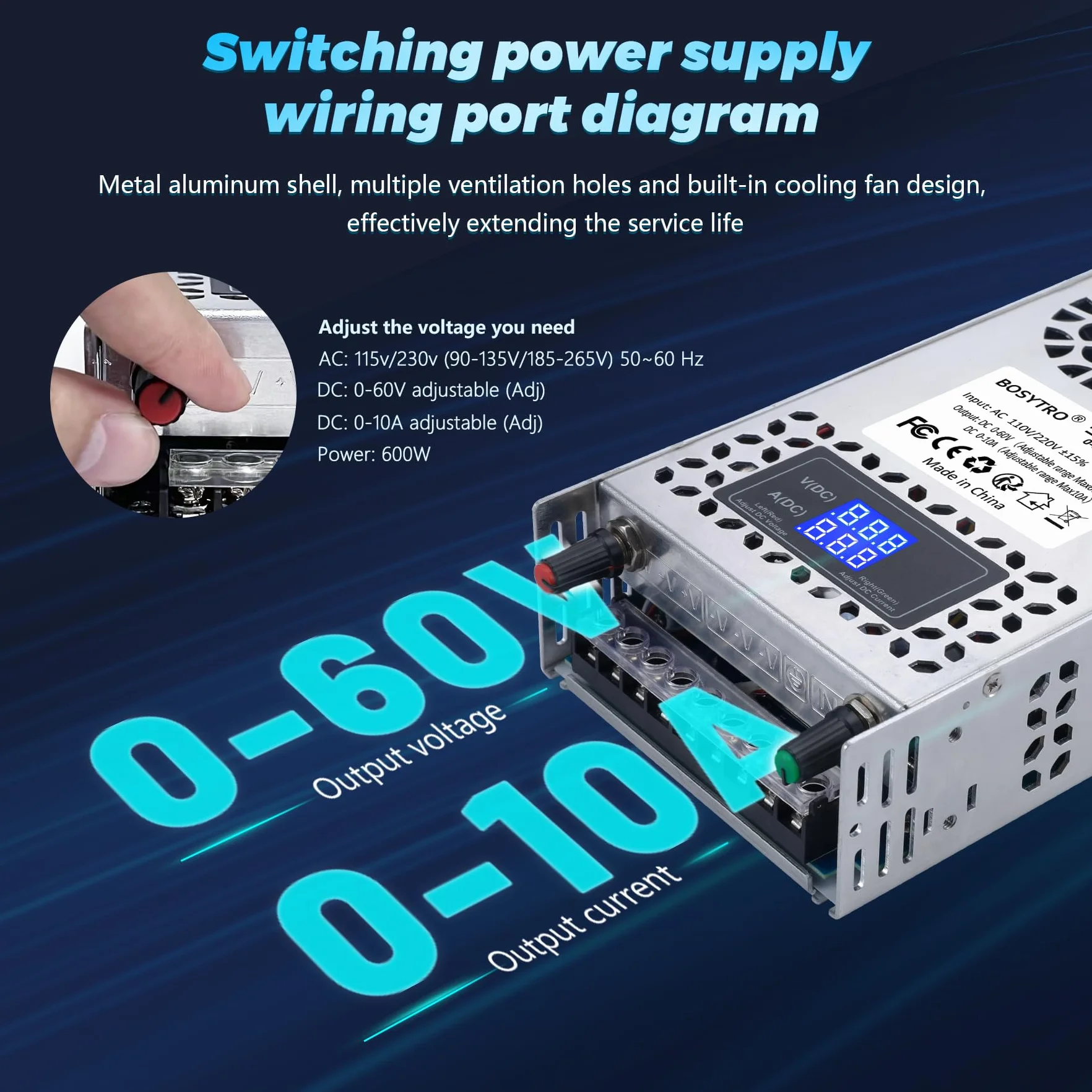 Regolabile Trasformatore AC110/220V DC 0-60V 0-10A 600W tensione display digitale Alimentazione switching regolata DC Adatto per motori di controllo della velocità,sistemi di stampanti 3D