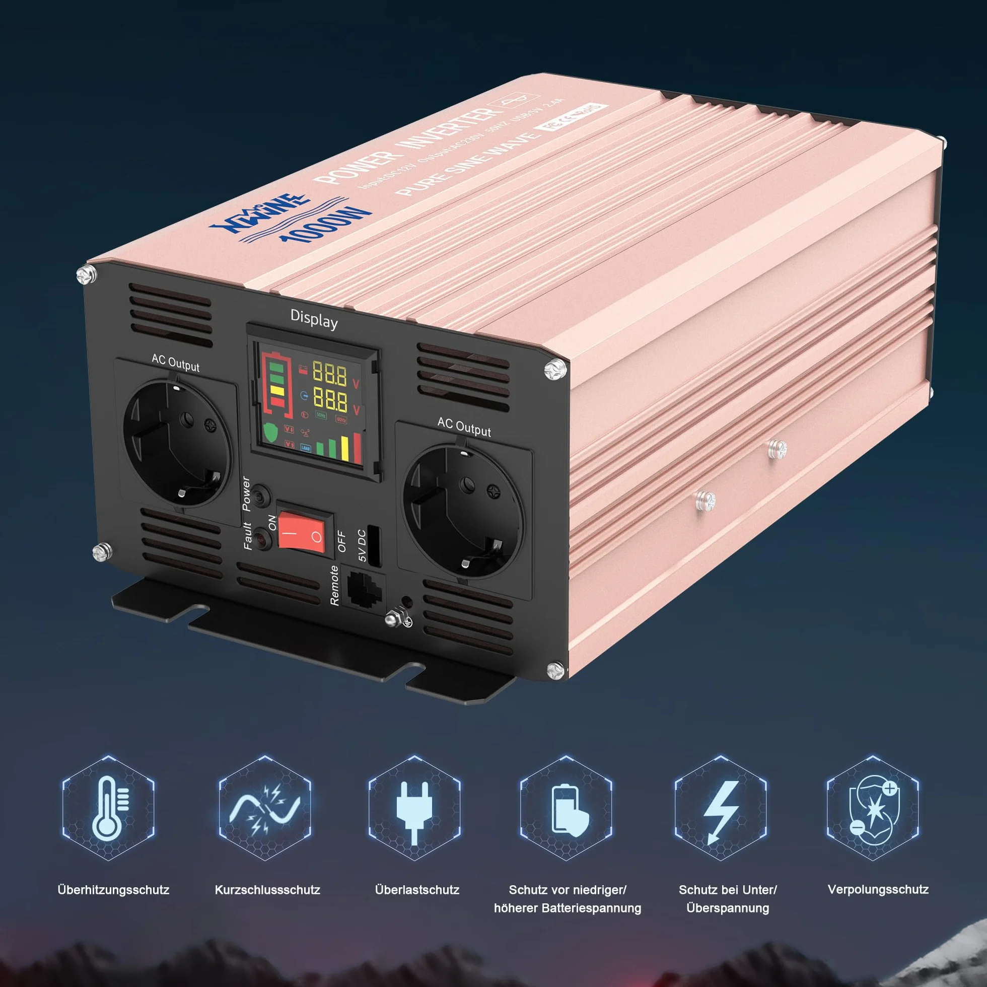 XWJNE Inverter onda sinusoidale pura 1000W/2000W 12V a AC 220/230V Onda Pura Convertitore con telecomando e Display LED Protezione Multipla Trasformatore di Potenza Convertitore
