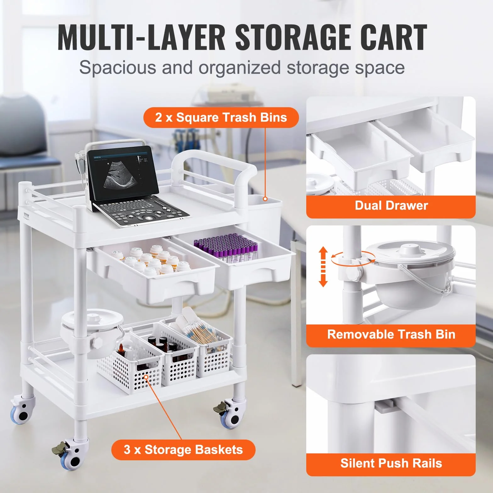 VEVOR Carrello da Laboratorio a 2 Ripiani, Mobile Medico con 2 Cassetti, 2 Vassoi, 4 Ruote, PP, 3 Contenitori