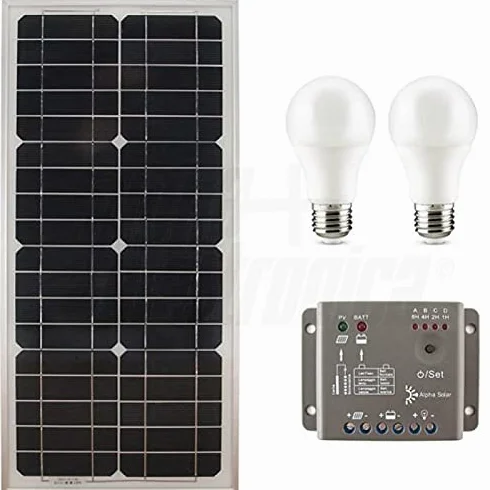 ALPHA ELETTRONICA Kit fotovoltaico 27W 12V con regolatore e lampade led Batteria non inclusa KIT27-SB