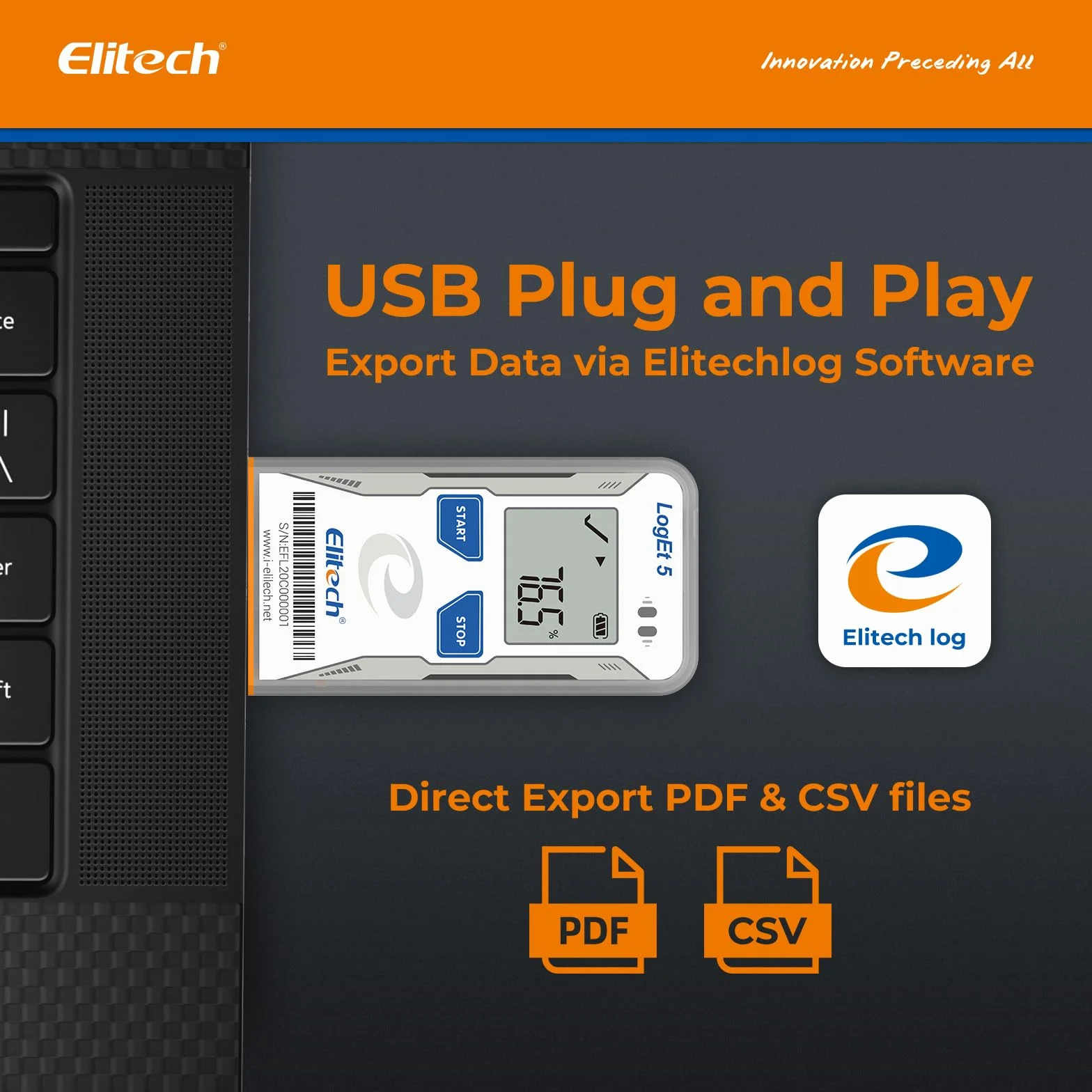 Elitech LogEt5TH Registratore Dati Digitale di Umidità della Temperatura USB 32000 Punti Rapporto PDF CSV