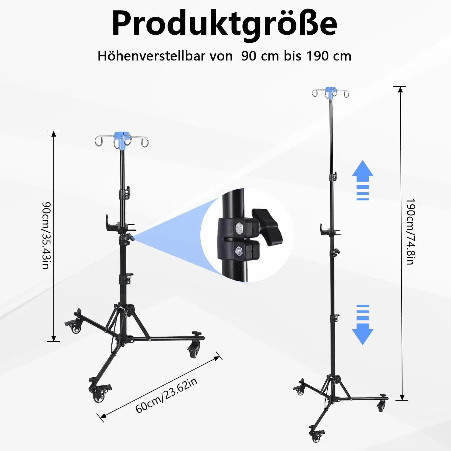 Supporto per infusione regolabile con ruote, altezza regolabile 90 – 190 cm, pieghevole con 4 ganci, 3 tasche in rete e 1 custodia, supporto portatile per IV per ospedale e cura della casa