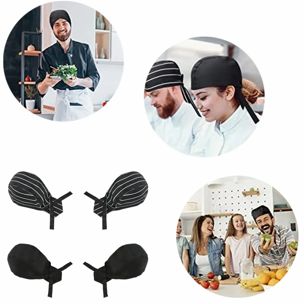 Cappelli da Cuoco 4 Pezzi Berretto da Chef Regolabile Nero Striscia per Adulti Lavoro Ristorante