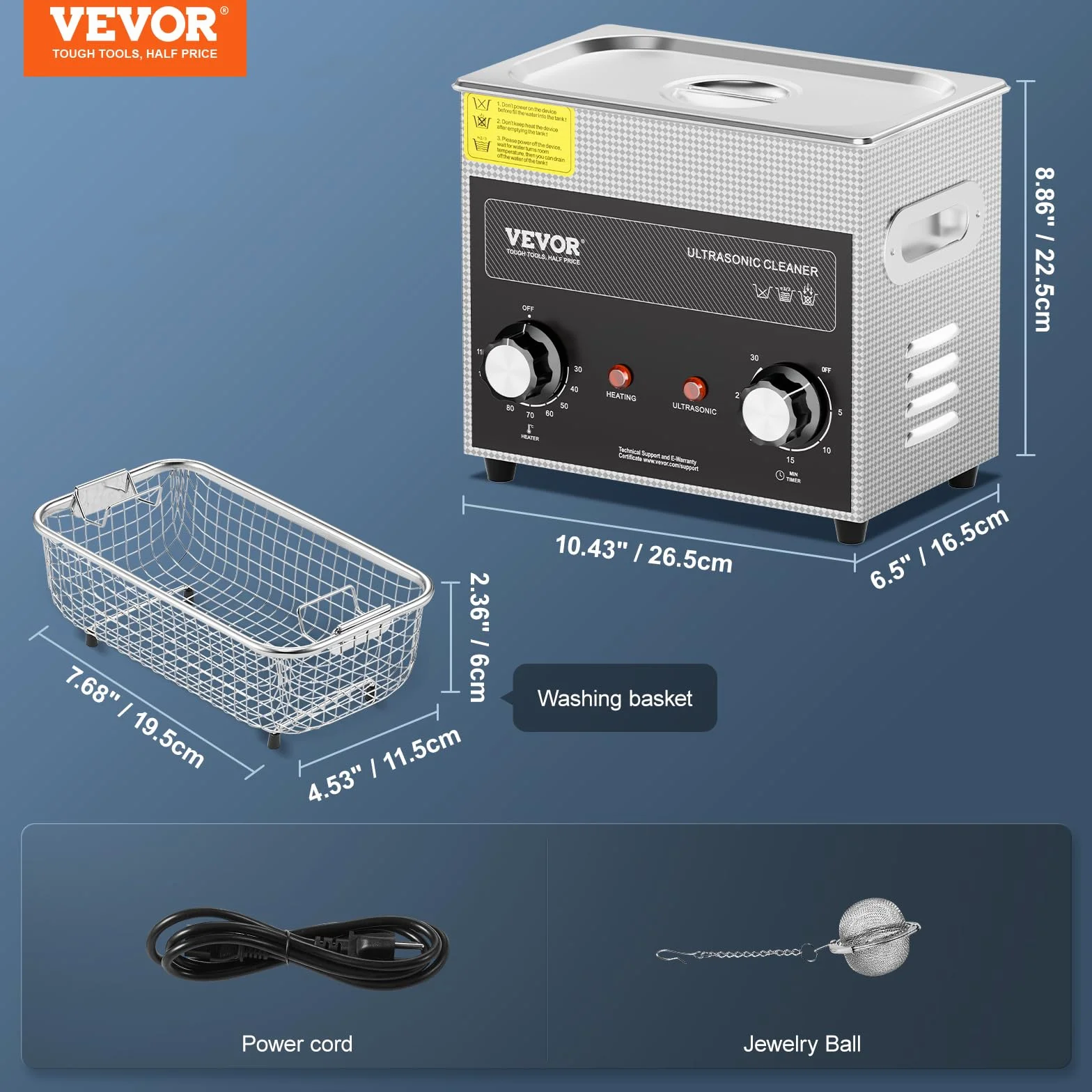 VEVOR Pulitore ad Ultrasuoni 3L, Riscaldante, Cestello, Macchina Digitale a Cavitazione Sonica 120W
