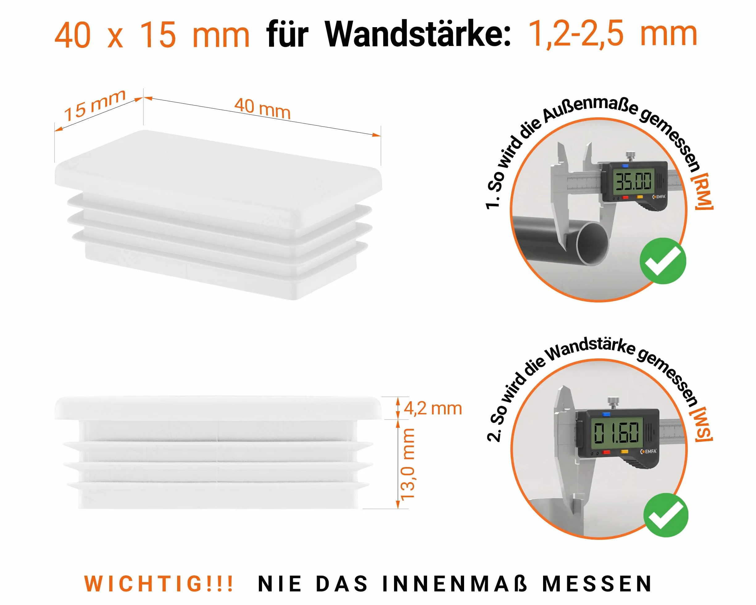 Tappi a Lamelle Rettangolari 40x15 mm Plastica Bianco - Tappo per Tubo per Mobili in Ferro - Set 8 Pezzi 4x1,5 cm