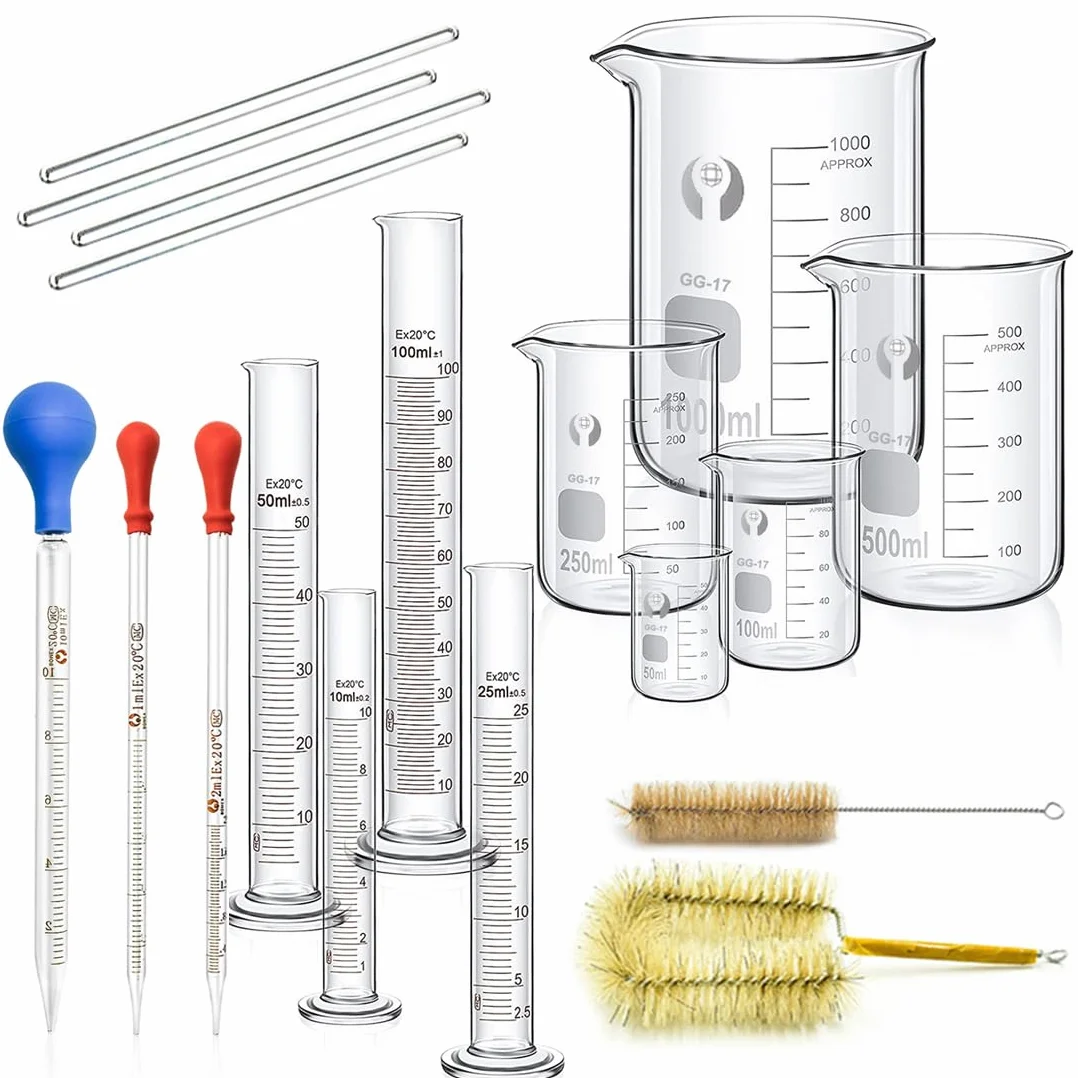 JESSTOLO Set di Bicchieri Cilindrici Graduati in Vetro, 5 Becher, 4 Cilindri, 3 Pipette, 4 Aste di Agitazione e 2 Spazzolini