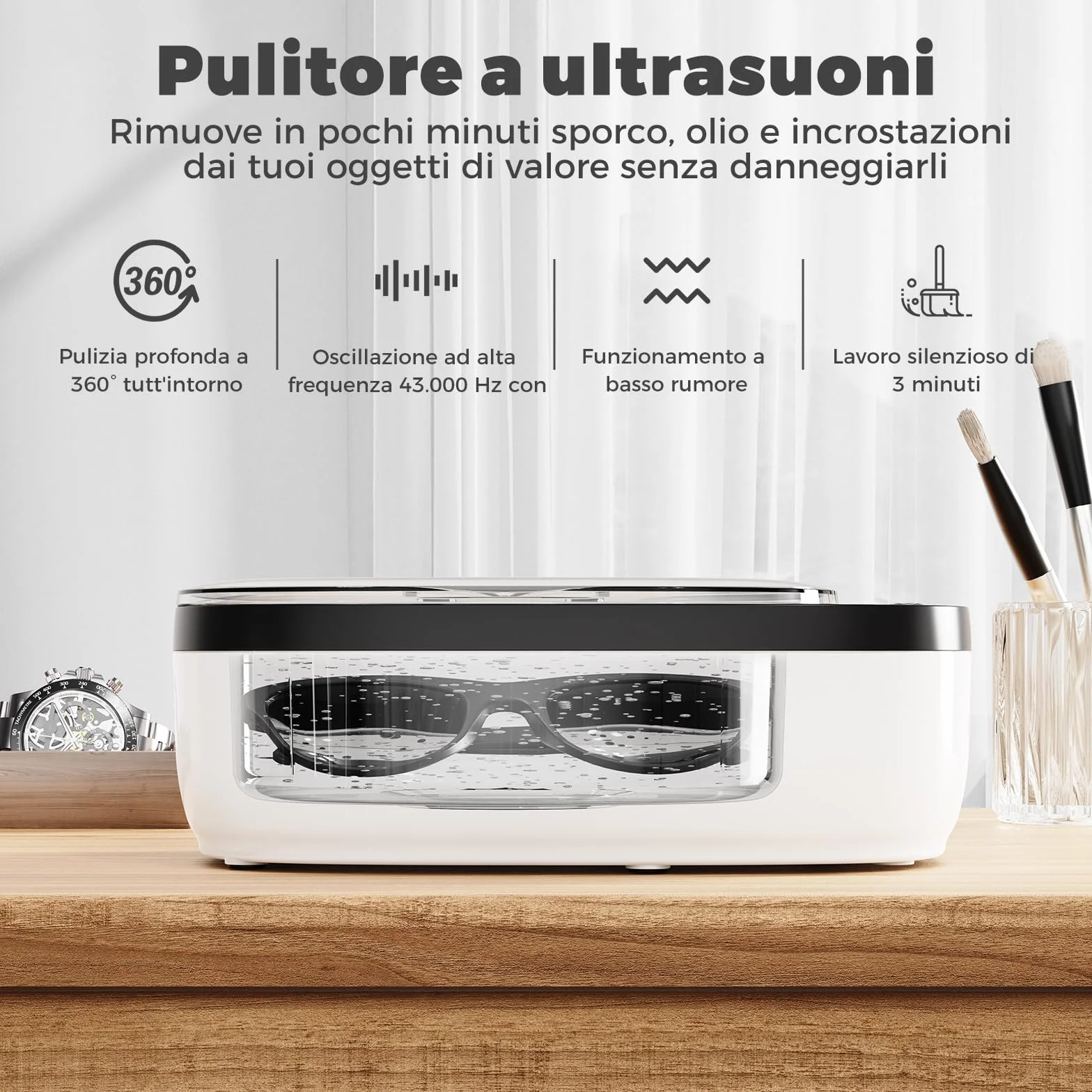 Pulitore ad Ultrasuoni 750ML Acciaio Inox 5 Modalità di Tempo per Gioielli Occhiali Orologi