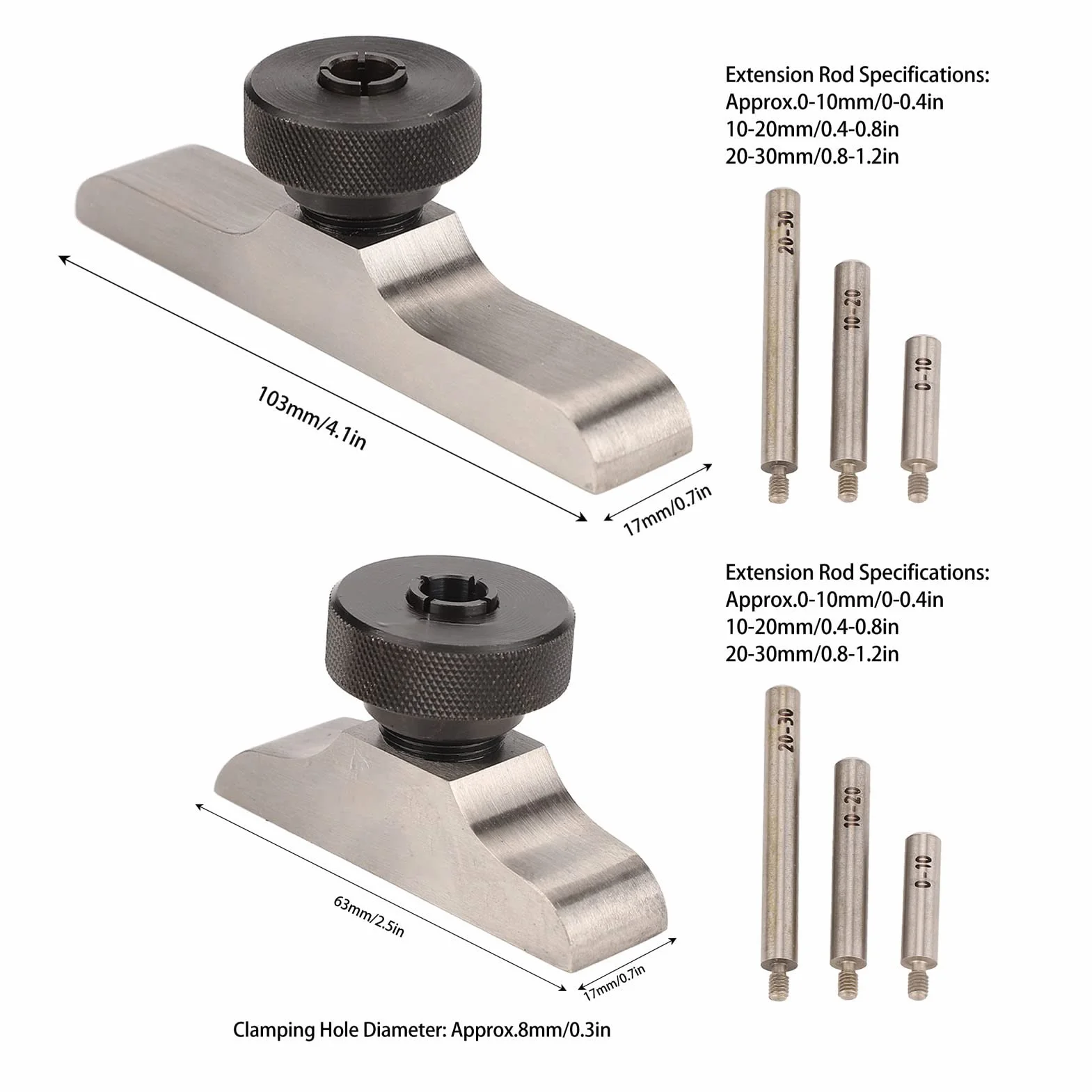 Supporto per Misuratore di Profondità in Acciaio Inossidabile, Base per Comparatore con 3 aste di prolunga 103x17mm