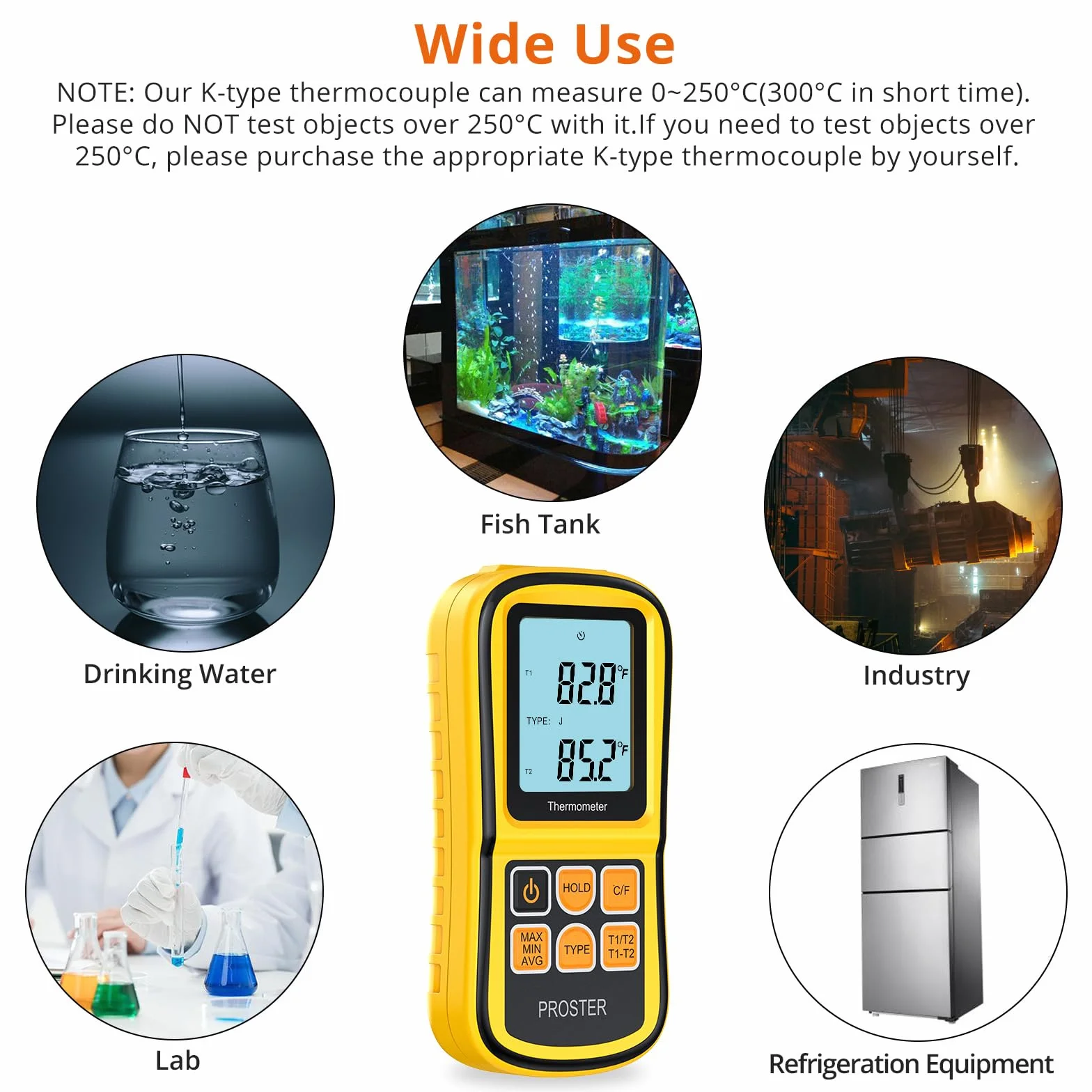 Proster Termometro Digitale a Doppio Canale Tipo K -200~1372°C LCD Retroilluminato con Due Termocoppie