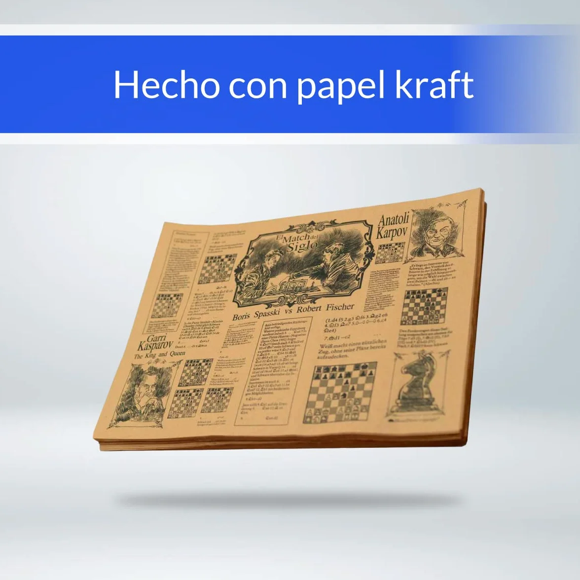 Hostelnovo Carta antigrasso per avvolgere alimenti - Confezione da 100 pezzi - 30 x 20 cm - Carta di giornale Kraft marrone - Design unico delle leggende di scacchi - Ideale per patate fritte