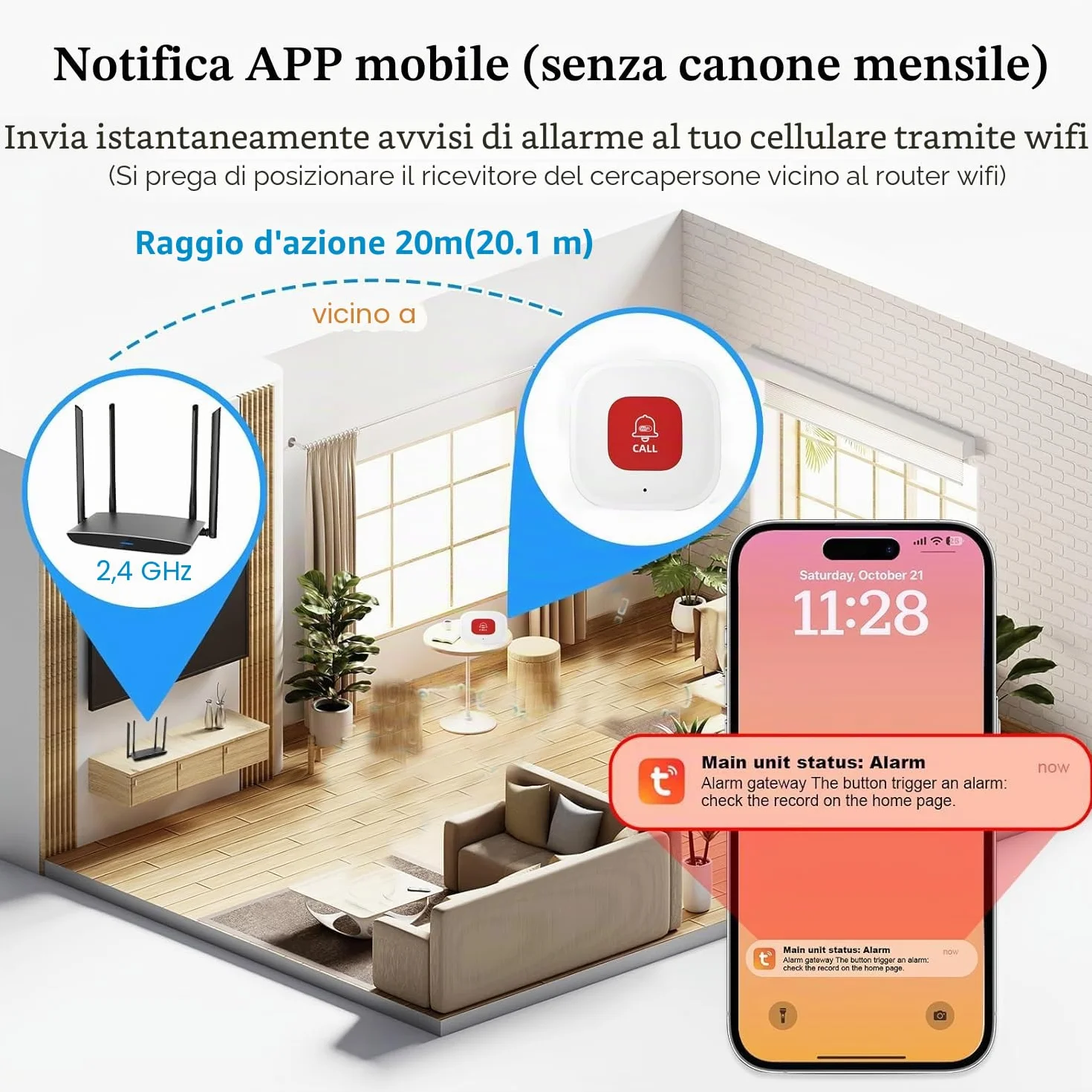 WiFi Pulsante Salvavita Anziani Sistema di Allarme di Emergenza per i Cittadini Anziani Pazienti Disabili Anziani (Supporto solo 2.4GHz Wi-Fi) (WiFi Pulsante (Non è necessario alcun ricevitore))