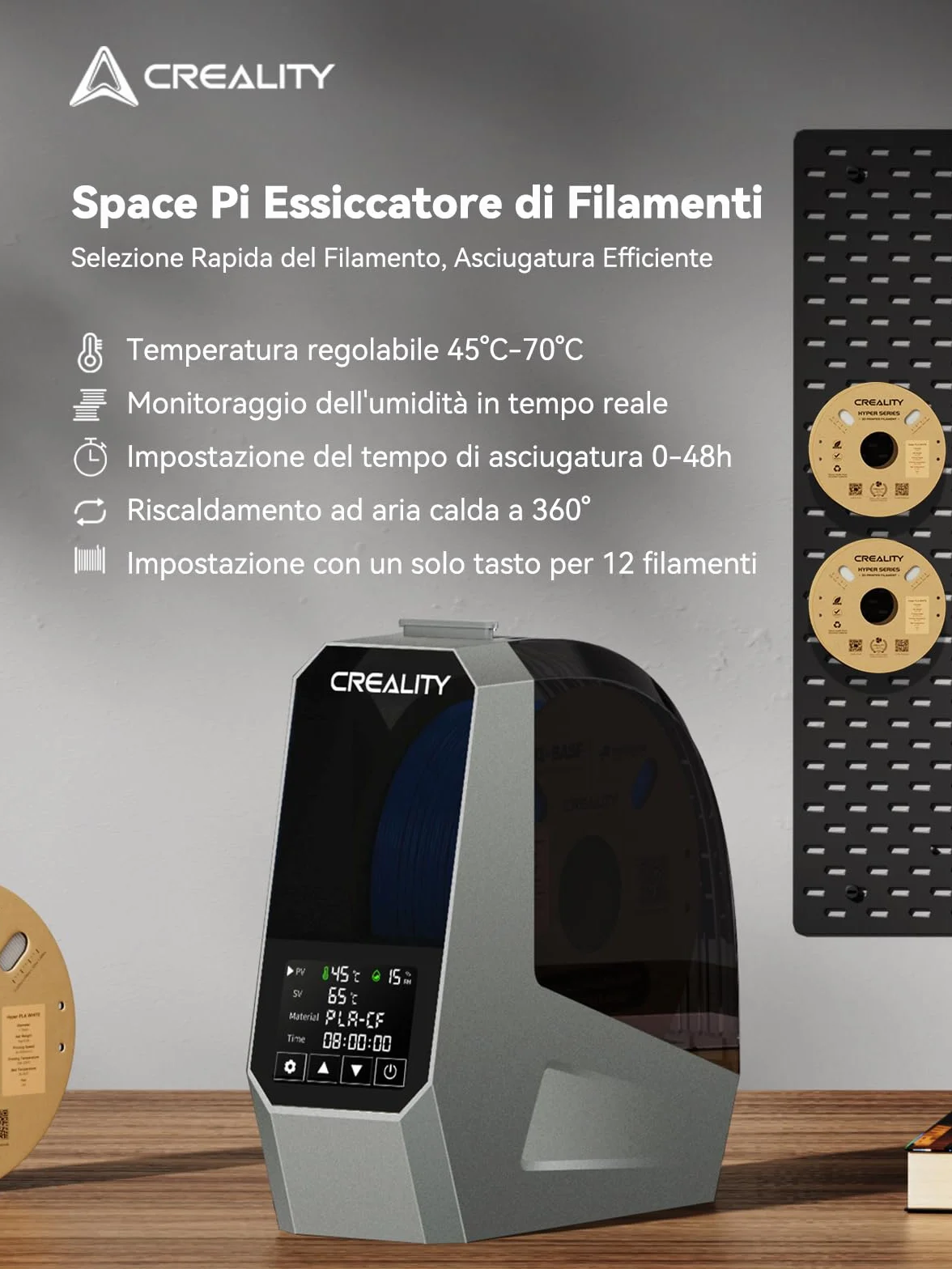 Creality Space Pi Essiccatore per Filamento, Doppio Riscaldamento a 360° Schermo Tattile, per PLA PETG ABS TPU Nylon 1,75/2,85/3 mm