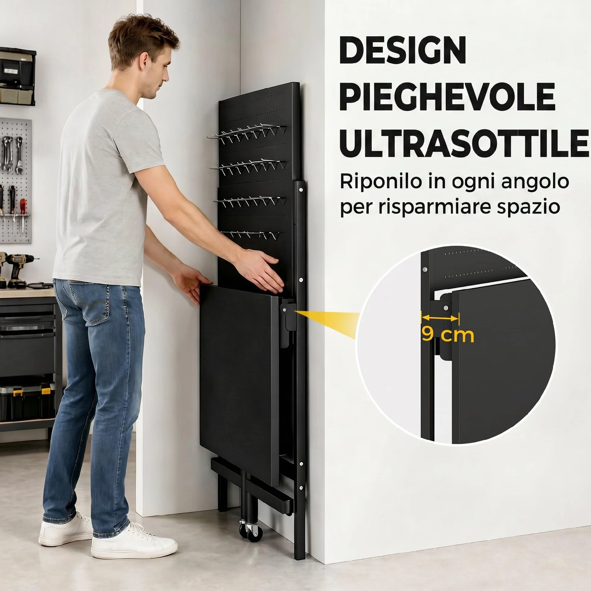 HOMCOM Banco da Lavoro Pieghevole 9cm, Tavolo da Lavoro con Pannello Forato e 30 Ganci, Ruote, 115x62x143.5cm, Piano Spesso in Legno, Struttura in Acciaio, Garage, Officina e Casa, Portata 120kg, Nero