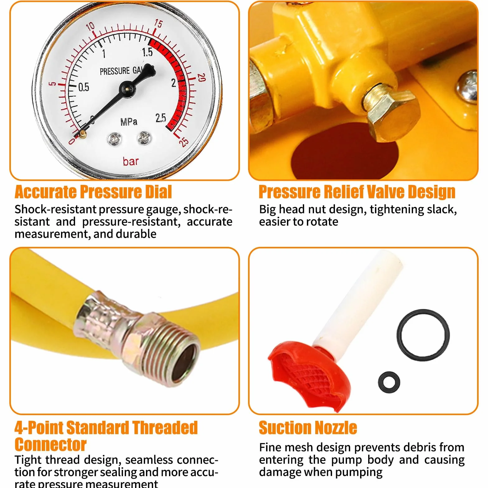 5 Litri 0-25 Bar Pompa Prova Pressione Manuale con Tubo Metro 1, 25KG Strumento Testaggio Idraulica per Tubazioni, Tester Pressione Acqua per Recipienti Pressione, Via Navigabile, Valvole(Giallo)