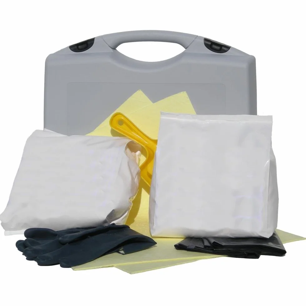 Kit di pronto intervento per acido solforico, capacità assorbente 25,93 Lt, confezionato in valigetta in plastica