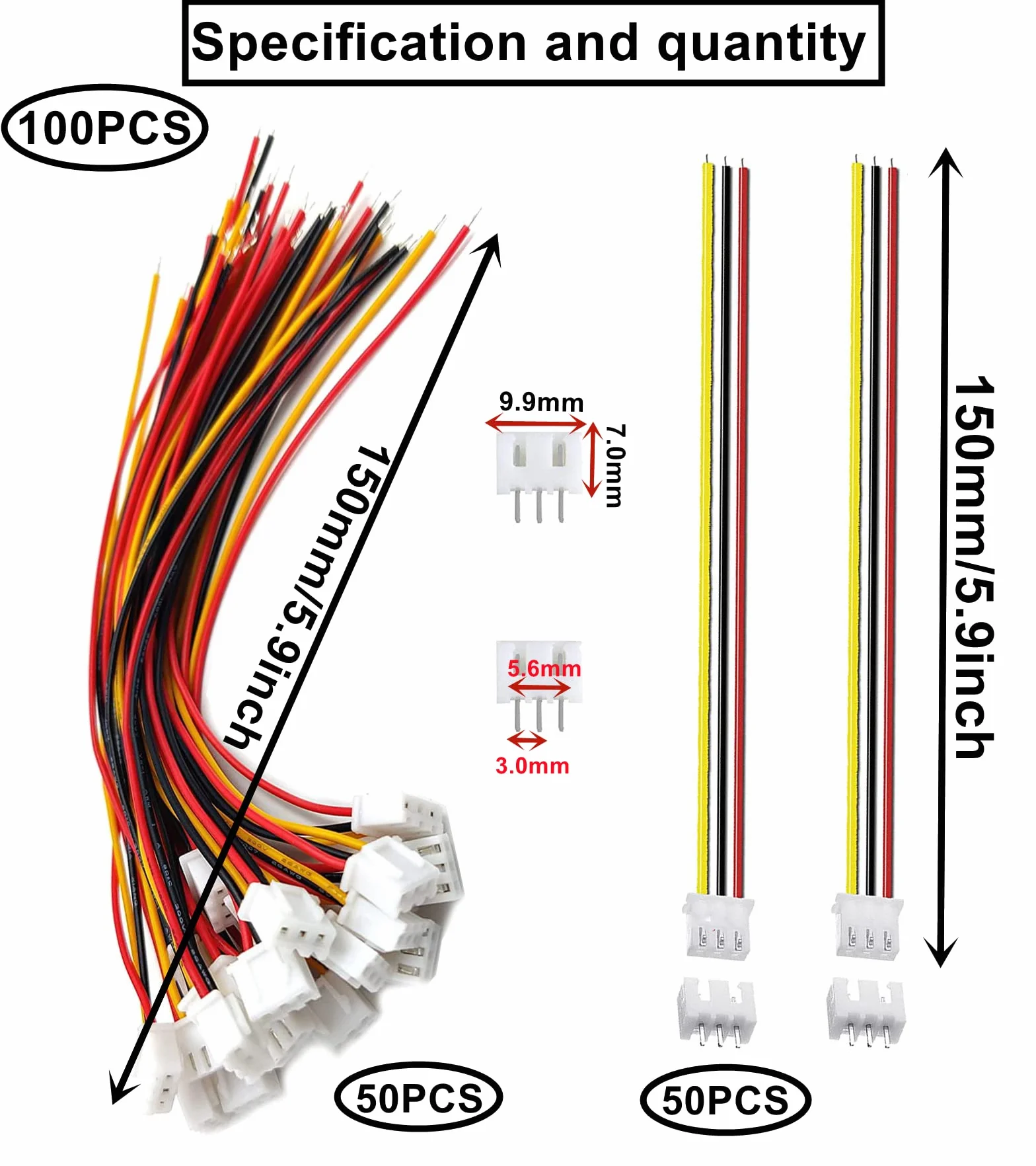 HUAZIZ 50 Pairs Mini Micro JST-XH 2.54mm 3-Pin Connector Plug con Cables 15cm