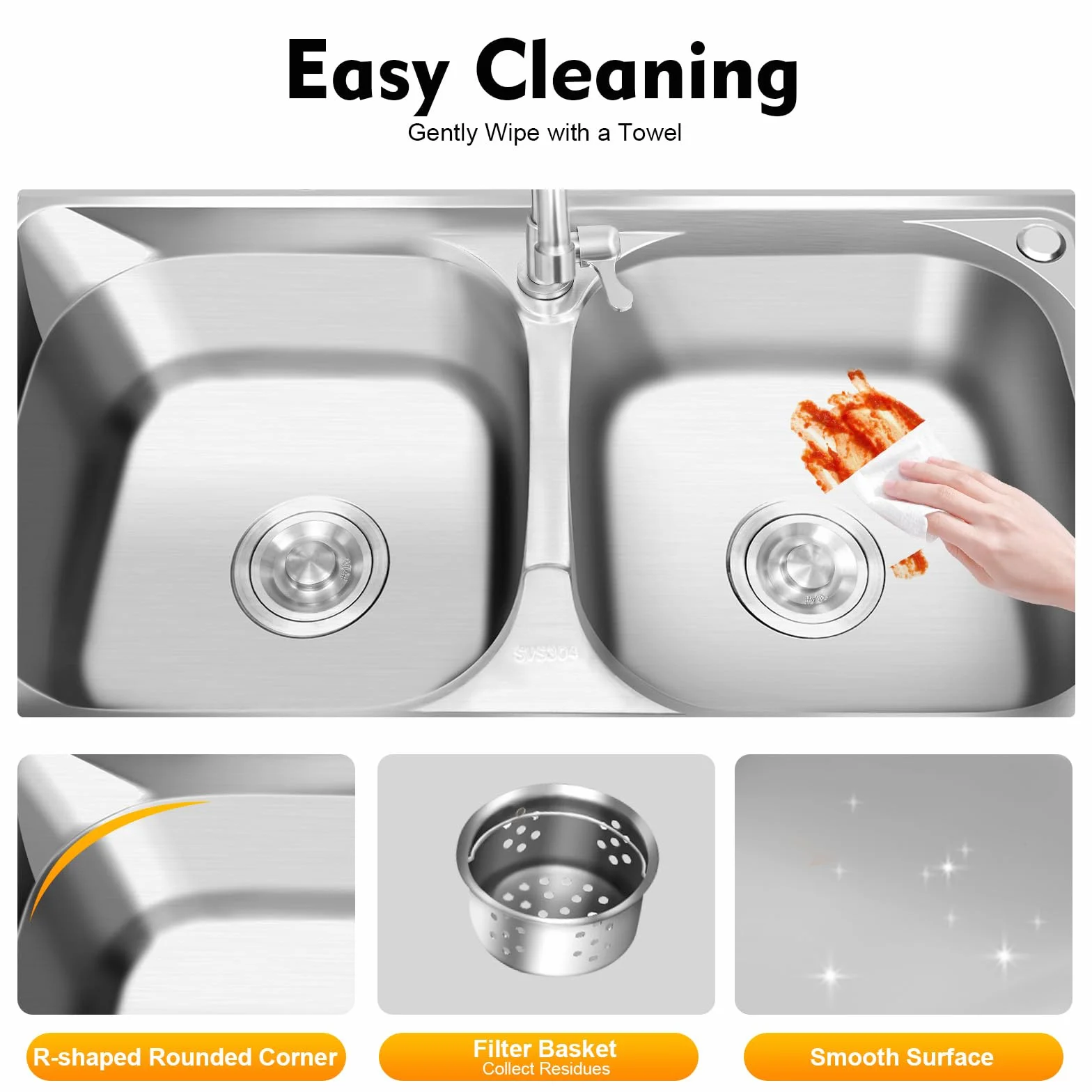 Lavabo in acciaio inox autoportante, capacità di carico 220 lbs, mobile lavello da cucina con rubinetto girevole a 360°, 120 x 45 x 80 cm, lavello commerciale con 2 vasche per ristorante, bar