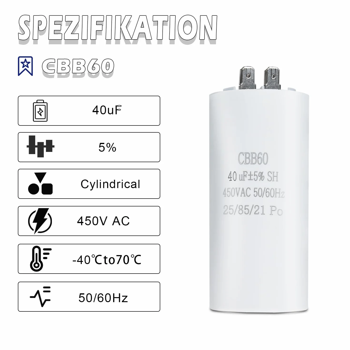 Iruihoo CBB60 40UF Condensatore di avviamento 450V 50/60Hz