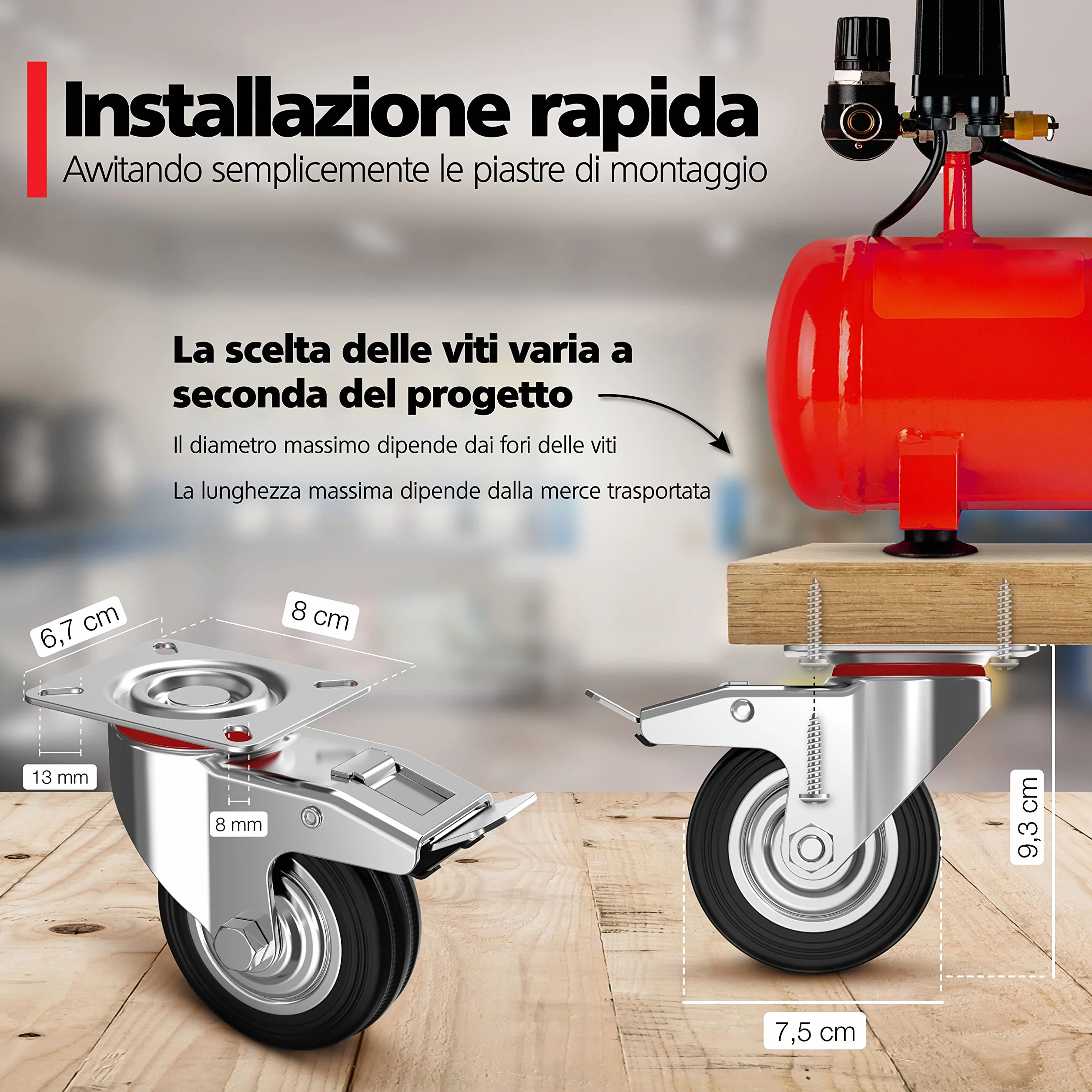 RAVN HAMAN Set da 4 Ruote per carichi pesanti 75 mm - Ruote pivontanti per mobili con freno fino a 50 kg per ruota - Ruote girevoli per uso interno ed esterno - Rotelle piroettanti