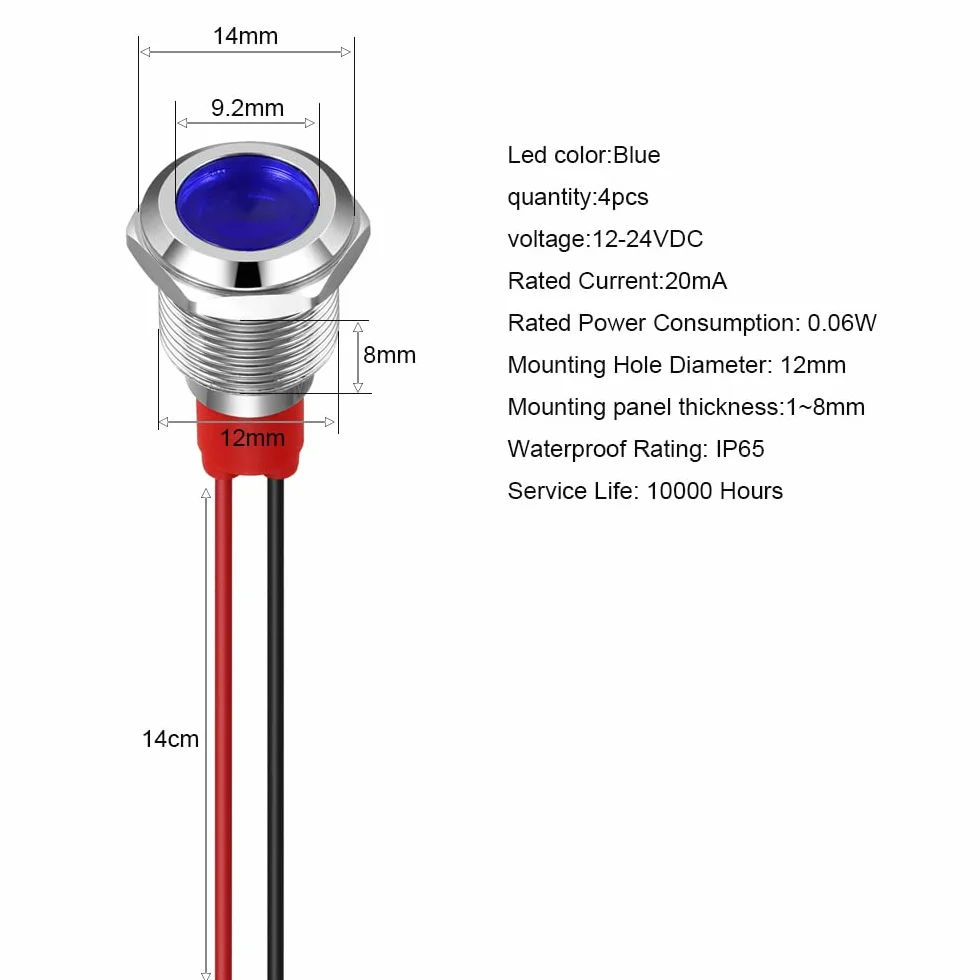 GUUZI 12mm 4pezzi 12-24V LED Indicatore luminoso Impermeabile Segnale luminoso Oannello Metallico indicatore LED Segnale luminoso Pannello Montaggio Testa Piatta con fili guscio argentato (blu)