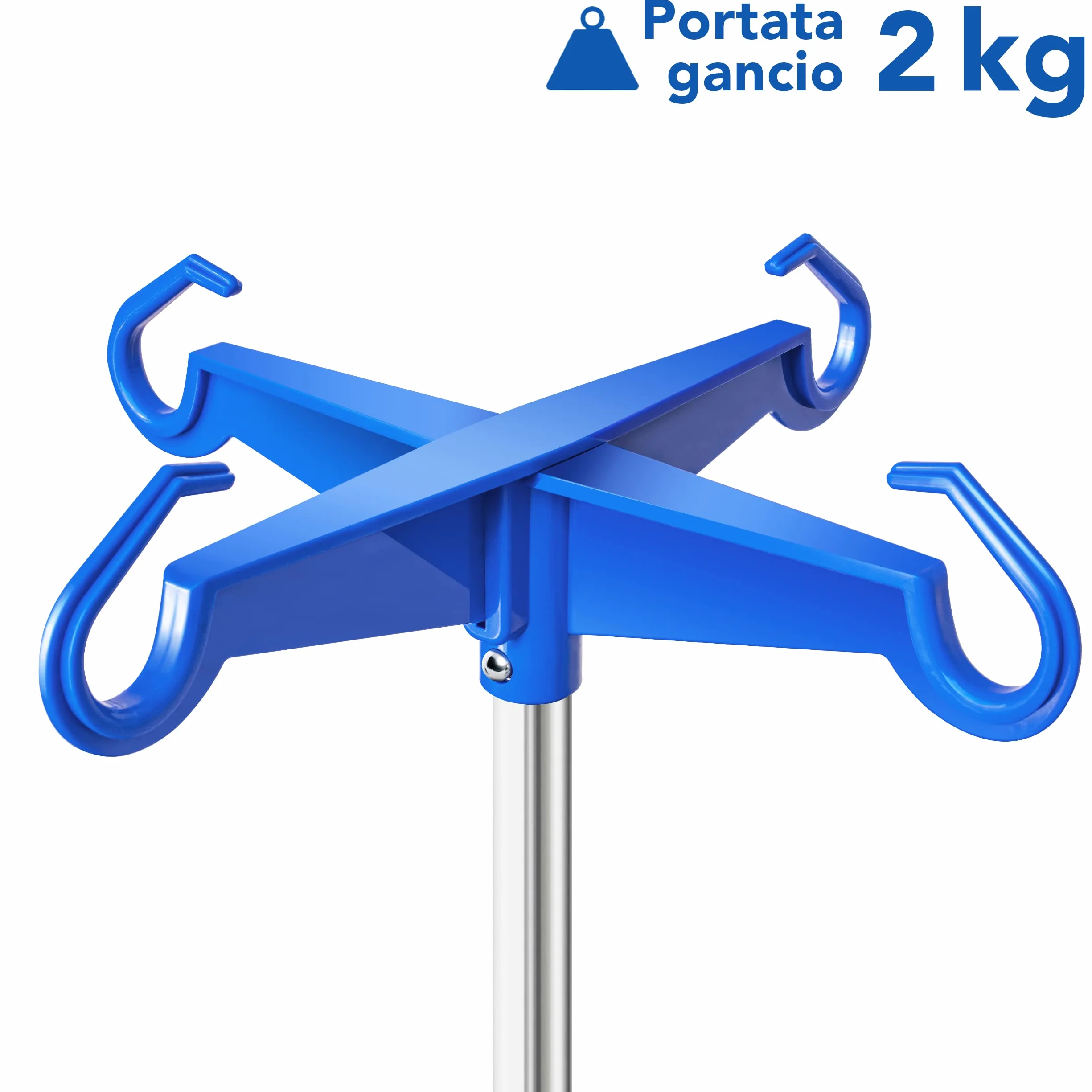AIESI® Asta per flebo in ACCIAIO INOX con 4 ganci in plastica e ruote piroettanti con freno, Incluso 2 supporti reggiflacone da 100 ml, Garanzia Italia 24 mesi