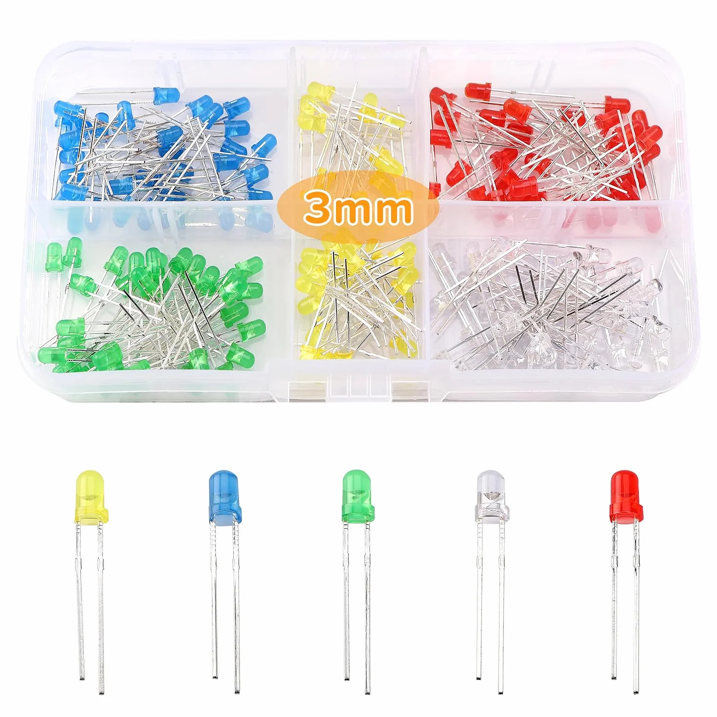 LED Diodo 3mm 2-Pin Testa Rotonda Bianco Rosso Giallo Verde Blu 150 Pezzi