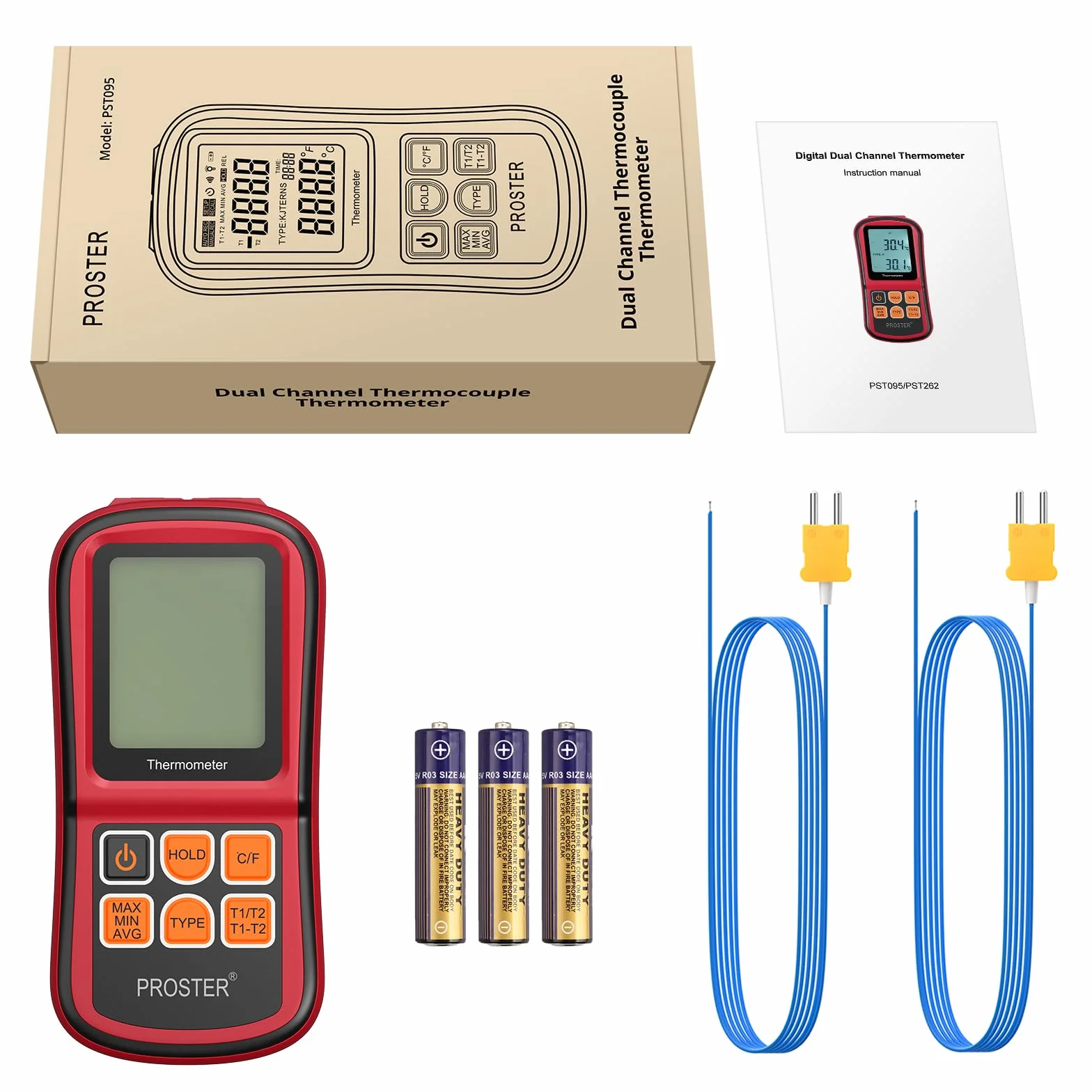 Proster Termometro Digitale a Doppio Canale con Due Termocoppie di Tipo K LCD Retroilluminato -200~1372°C