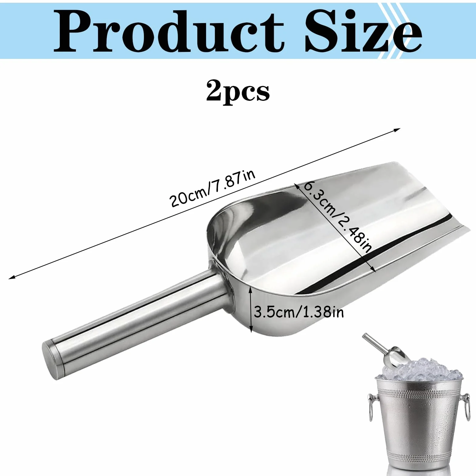 2 paletta per farina, in acciaio inox, per addensare, per cubetti di ghiaccio, non magnetica, per cucina, bar, matrimoni, buffet, lavabile in lavastoviglie, colore: argento