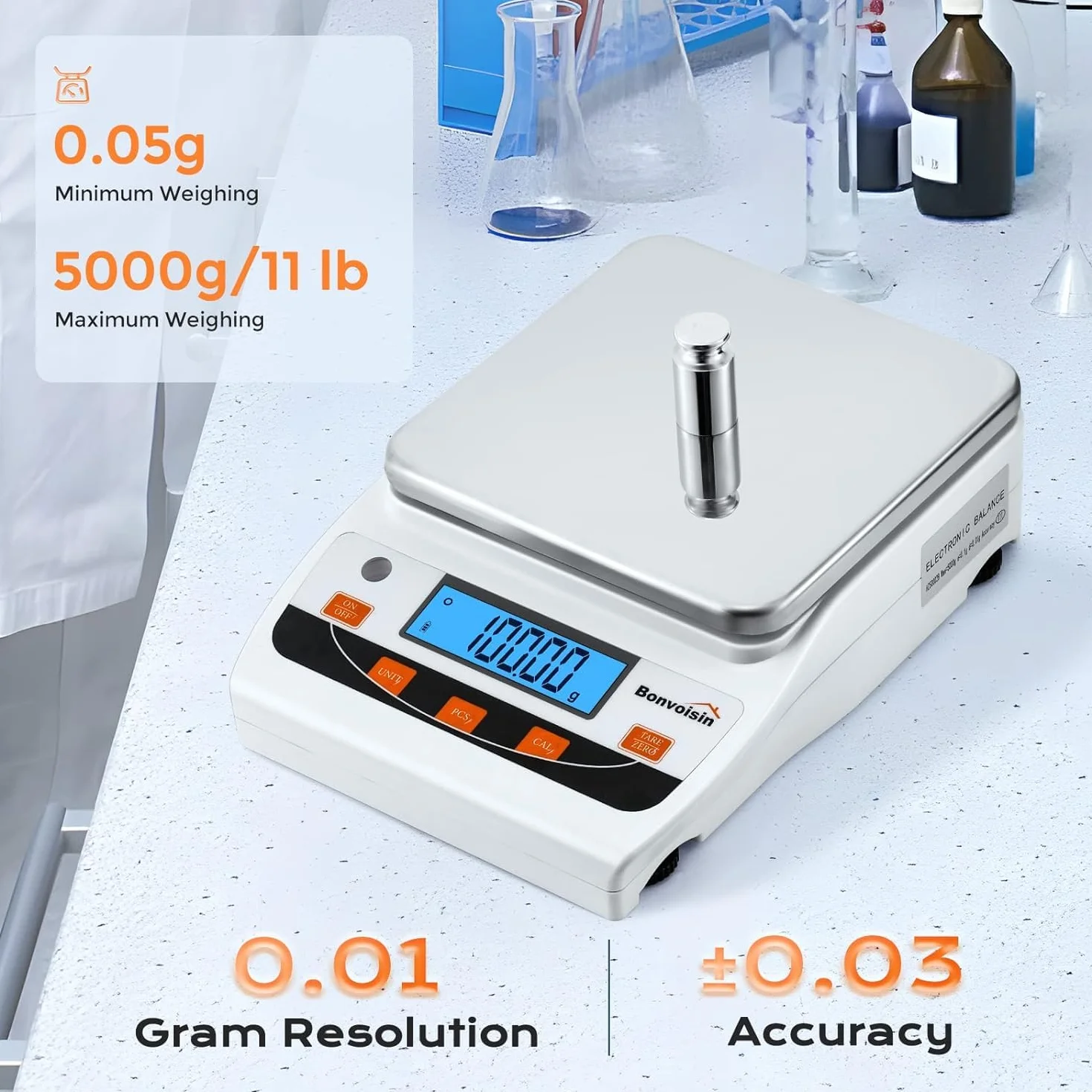 Bonvoisin Bilancia da Laboratorio 5000g x 0.01g, Bilancia Analitica Alta Precisione con 13 Unità, Trasferimento Dati USB, Conteggio & Taratura, Piatto Inox Ampio, Doppia Alimentazione