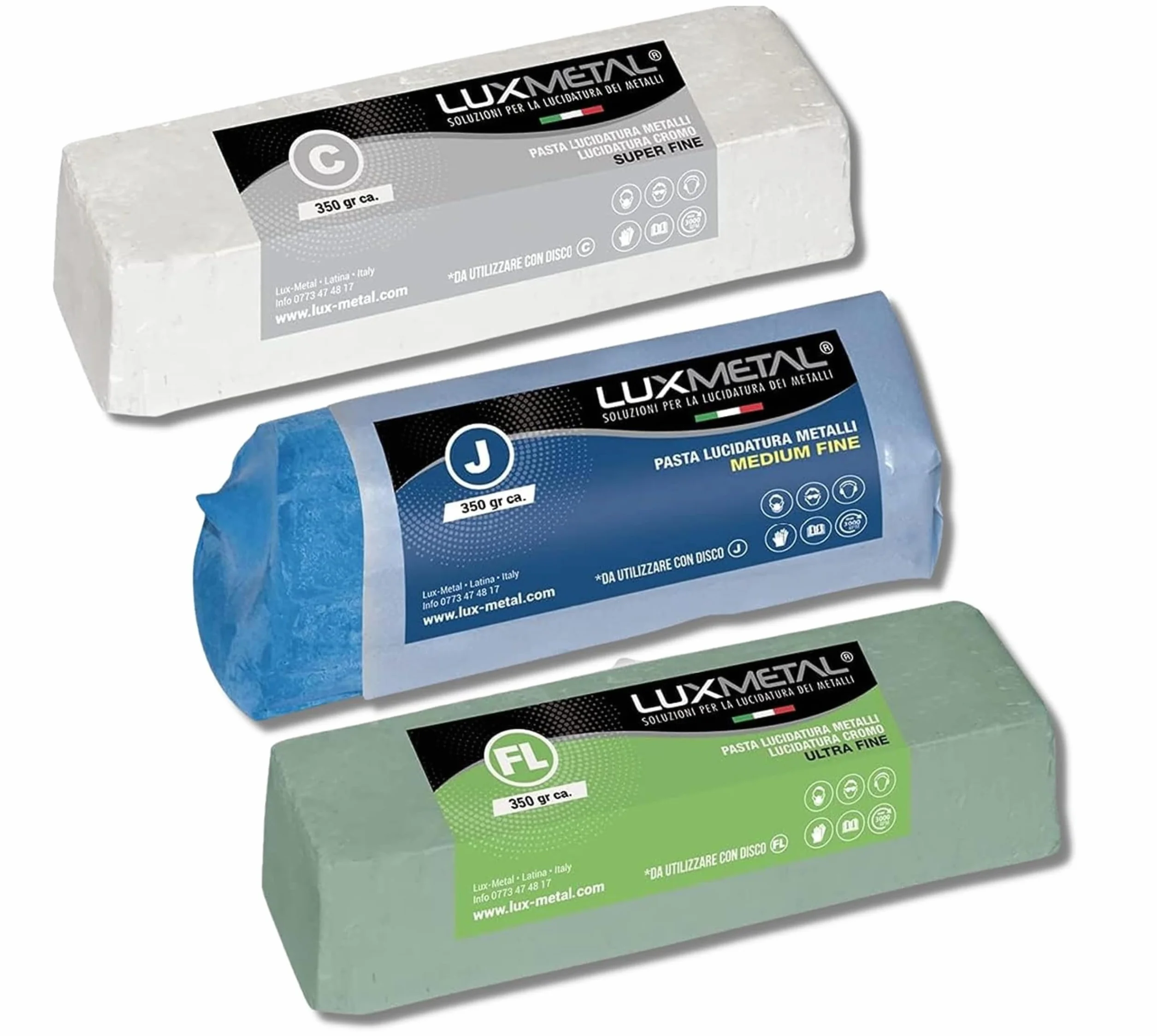 Lux Metal Kit 3 Pasta Abrasiva Lucidante 350 gr (FL-C-J) Set Lucidatura Acciaio Inox Cera Verde Solida Per Lucidare Metalli A Specchio Alluminio Cromature Legno Plexiglass Marmo Ottone Rame Plastica