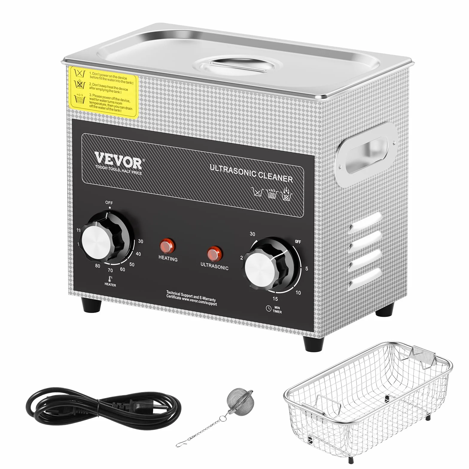 VEVOR Pulitore ad Ultrasuoni 3L, Riscaldante, Cestello, Macchina Digitale a Cavitazione Sonica 120W