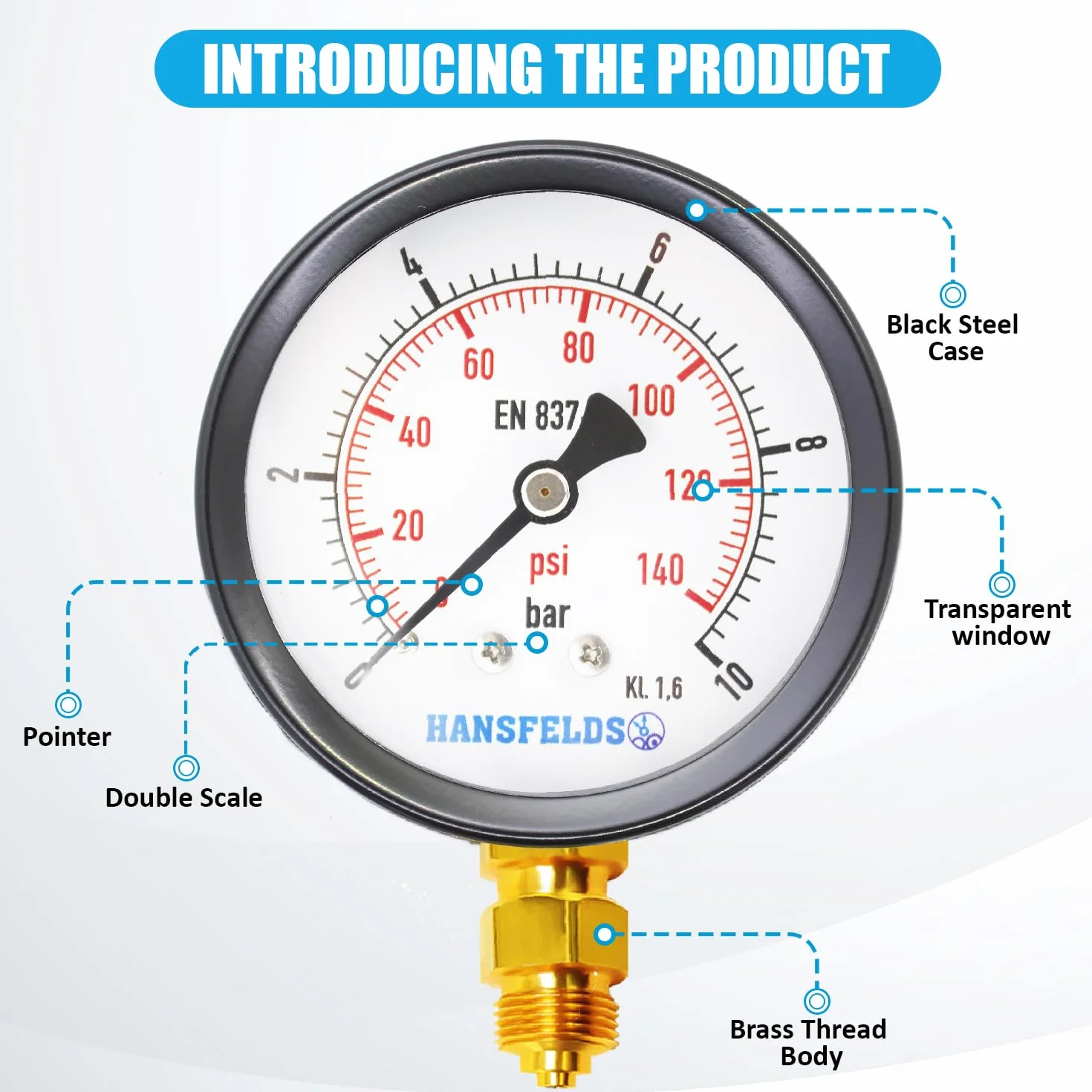 Manometro Hansfeld, a secco, 0–10 bar, 63 mm BSP, attacco inferiore, finestra in vetro, interno e attacco in ottone, doppia scala bar/psi.