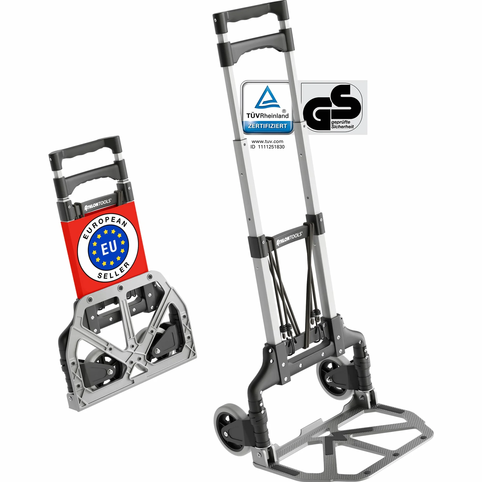 ATHLONTOOLS Carrello Trasporto Pieghevole in Alluminio 70 kg TÜV GS-certificato– Carrello Portapacchi con Ruote Silenziose, Manico Telescopico 110 cm, Cuscinetti Antiscivolo e 2 Corde Elastich