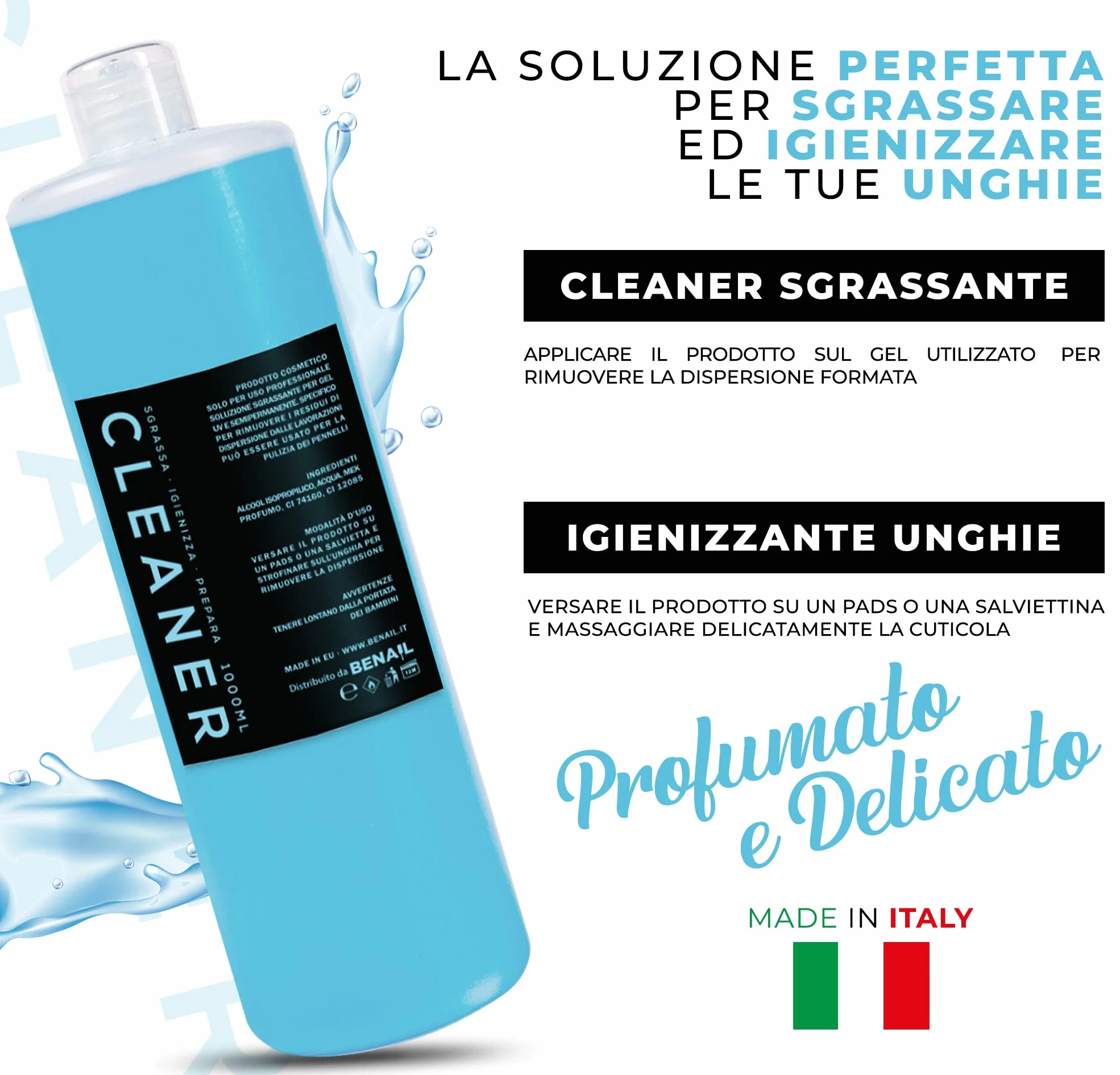 Benail | Sgrassatore unghie gel da 1000 ml. Clenaer unghie sgrassatore per preparazione unghie, Nail prep unghie, Sgrassatore unghie semipermanente, ricostruzione unghie gel - Made in Italy