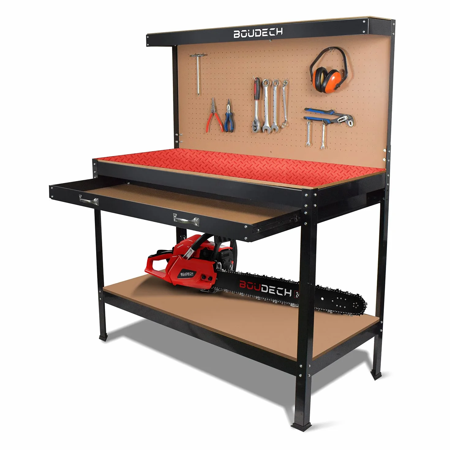 Banco da Lavoro con piano da 120x60cm, parete forata e ganci universali per attrezzi + 1 cassetto porta utensili + 2 mensole