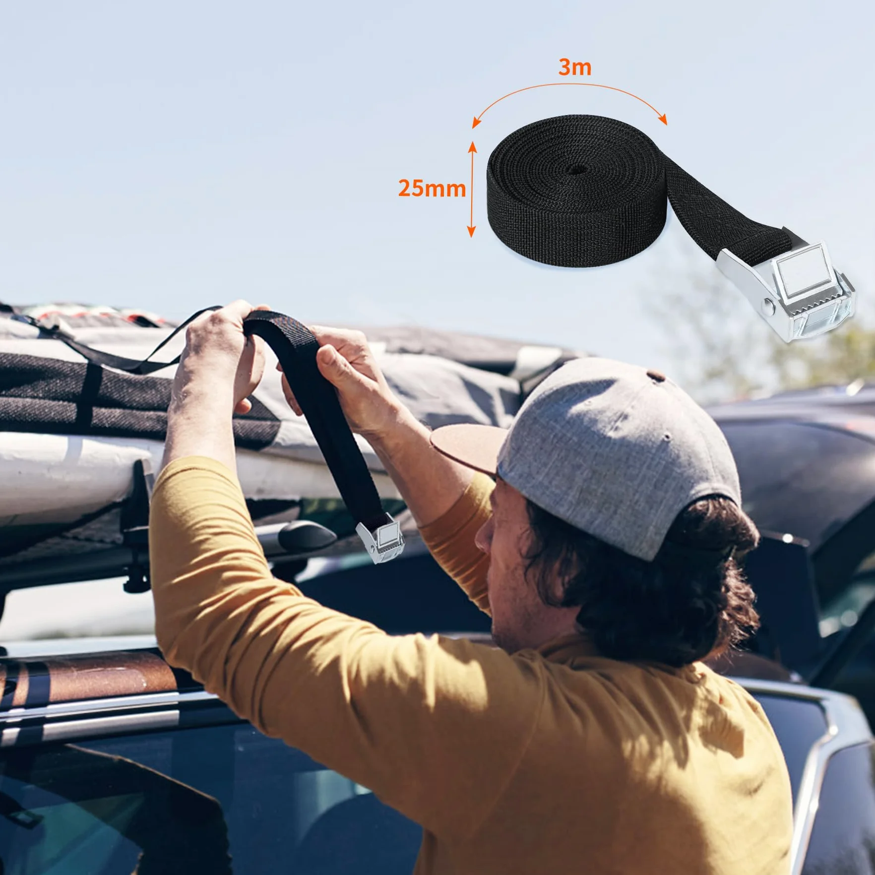 Cinghia di Ancoraggio 3M, 4 Pezzi Carico Cinghie di Tensione con Fibbia, Professionali Cinghie di Carico Regolabili per Kayak, Tavola da Surf, Canoa, Bici, Moto - Portata 250kg, Cinghia di Fissaggio