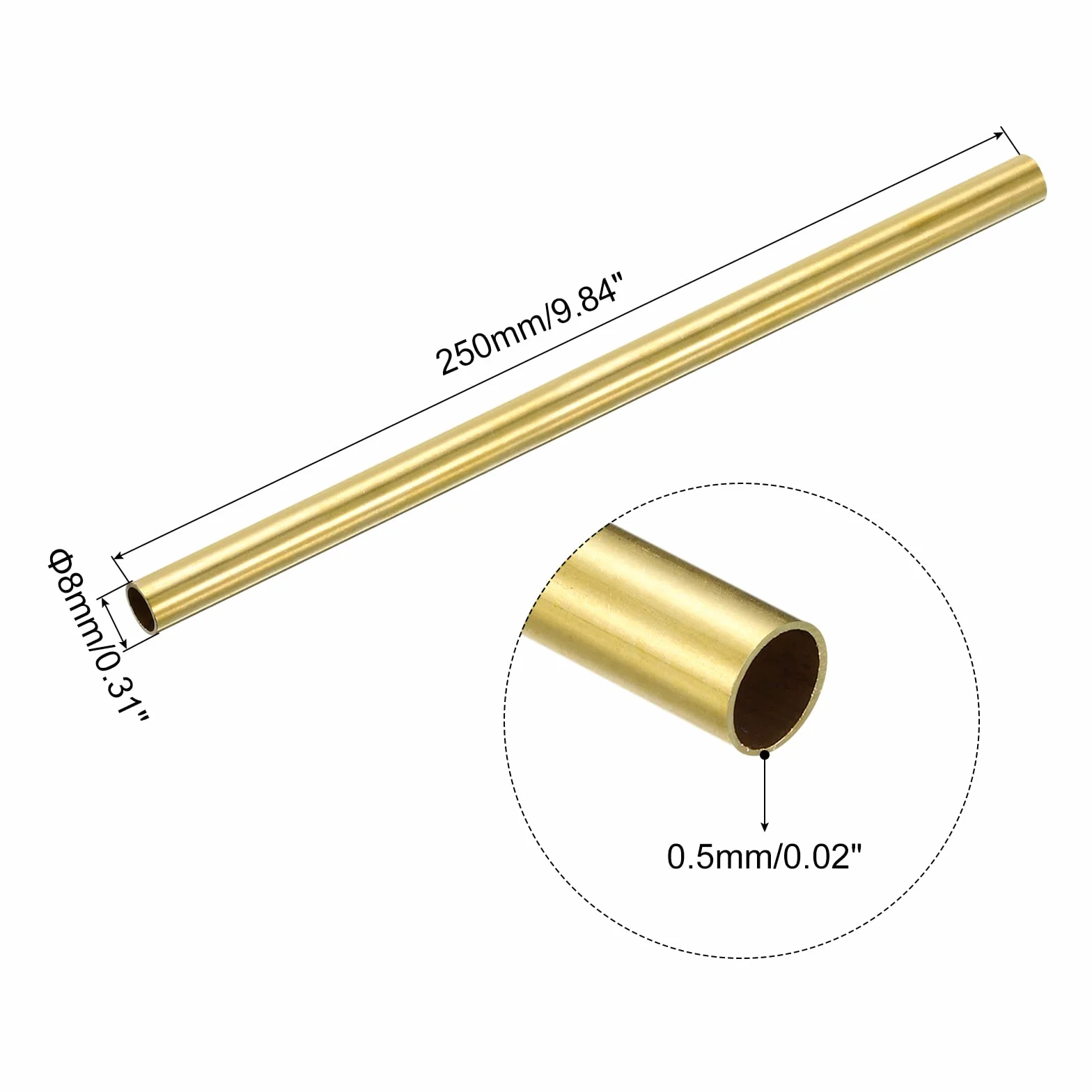 QUARKZMAN Ottone Tubo 8mm OD 0.5mm Parete 250mm Lunghezza Rotondo Tubazione 2pz