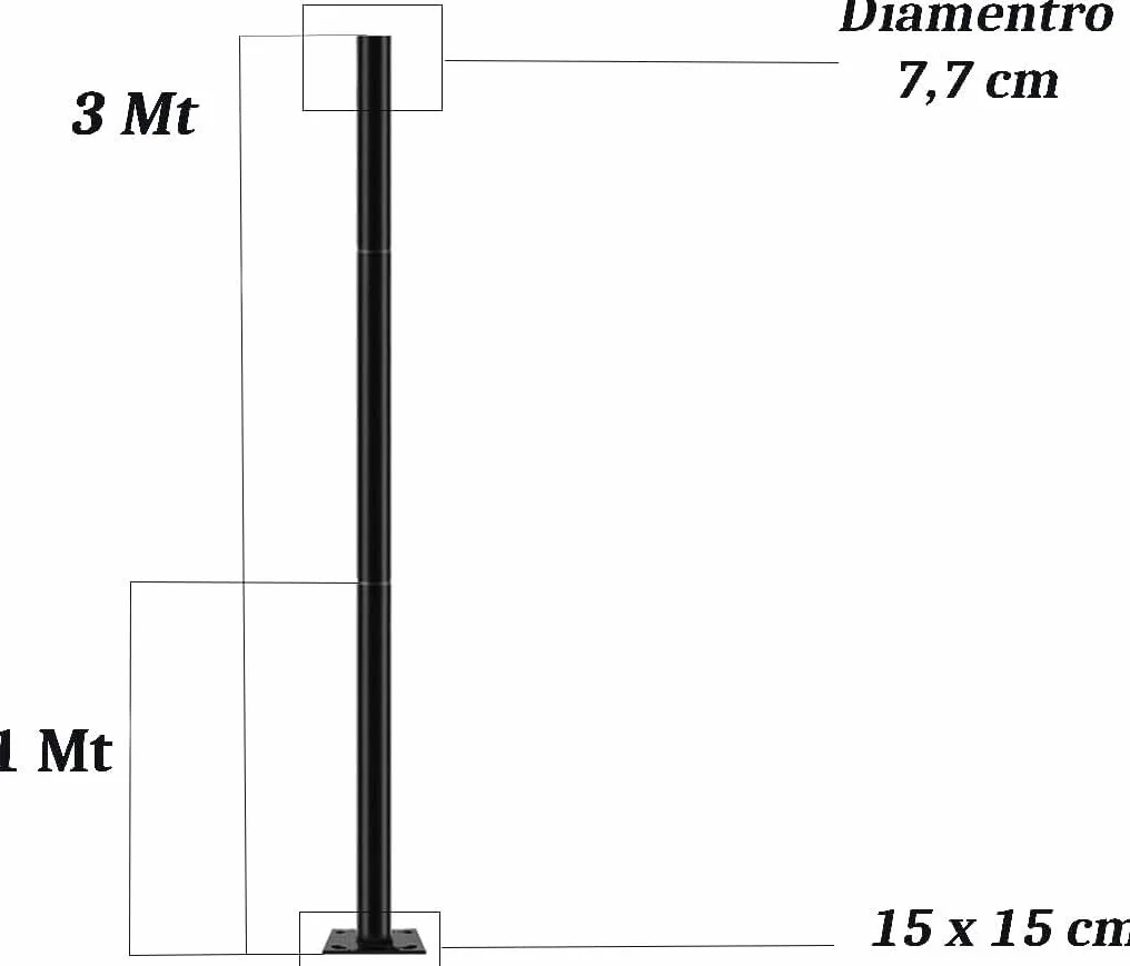Staffa Palo Supporto Lampione Faro Stradale 3 Metri Metallo Nero per LED Solare Telecamere