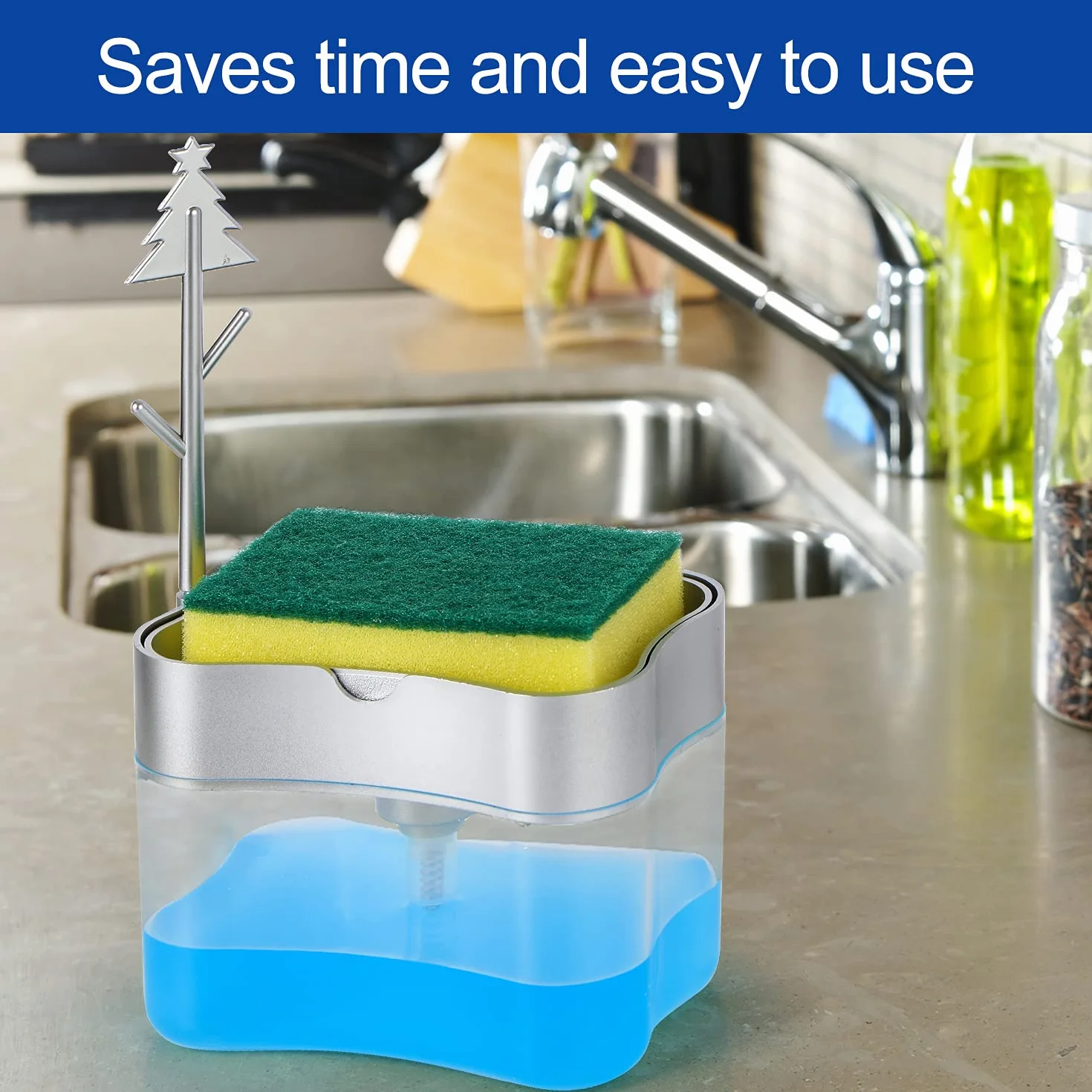 Albayrak Dispenser Sapone Liquido Manuale e Detersivo con Contenitore Spugna Piatti, Distributore Portasapone e Portaspugna per Lavello Cucina & Casa