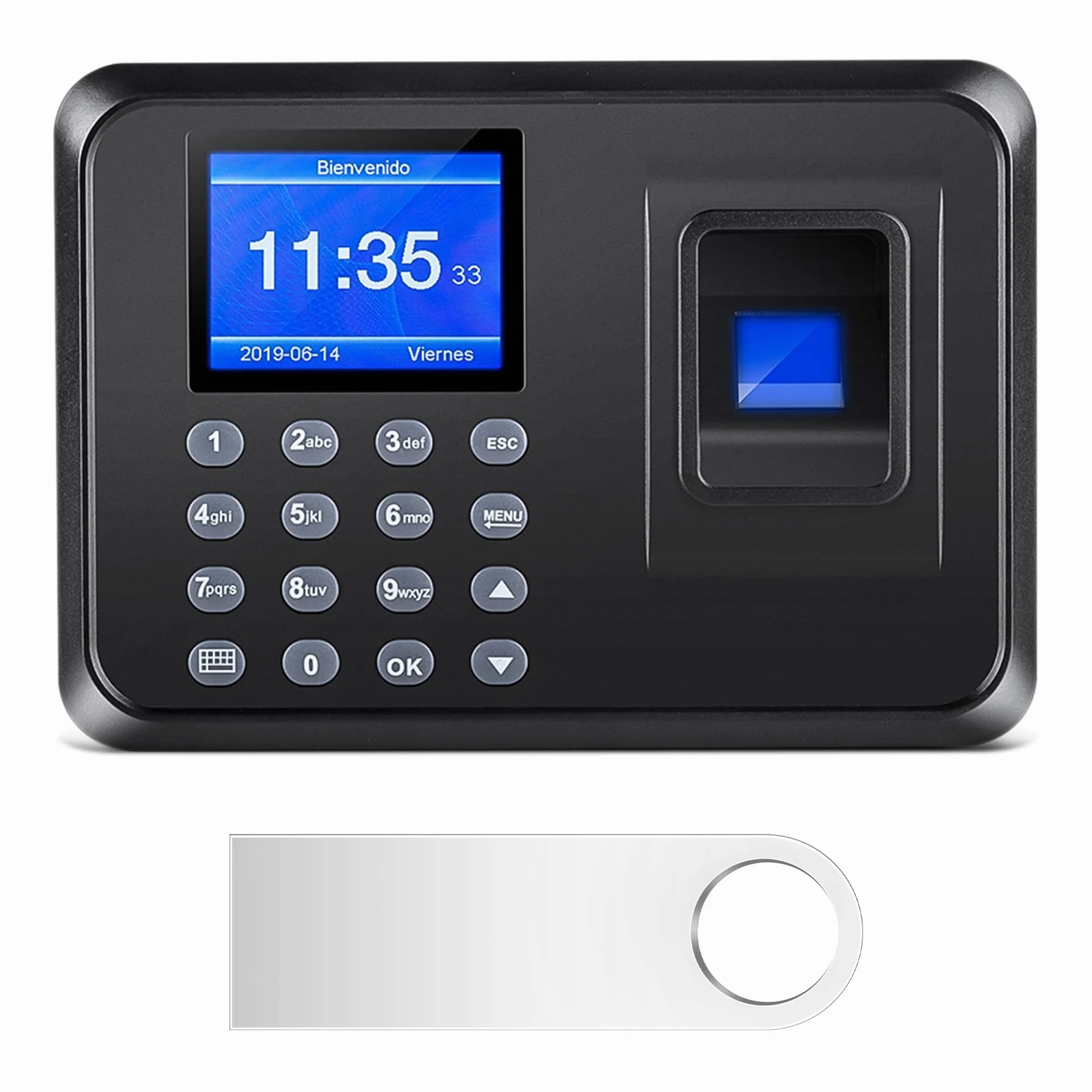 Orologi con impronte digitali per dipendenti, orologio per piccole imprese, calcola automaticamente l'orario di lavoro e detrarre l'ora di pranzo, protezione da pugno e spegnimento con unità USB 8G (0