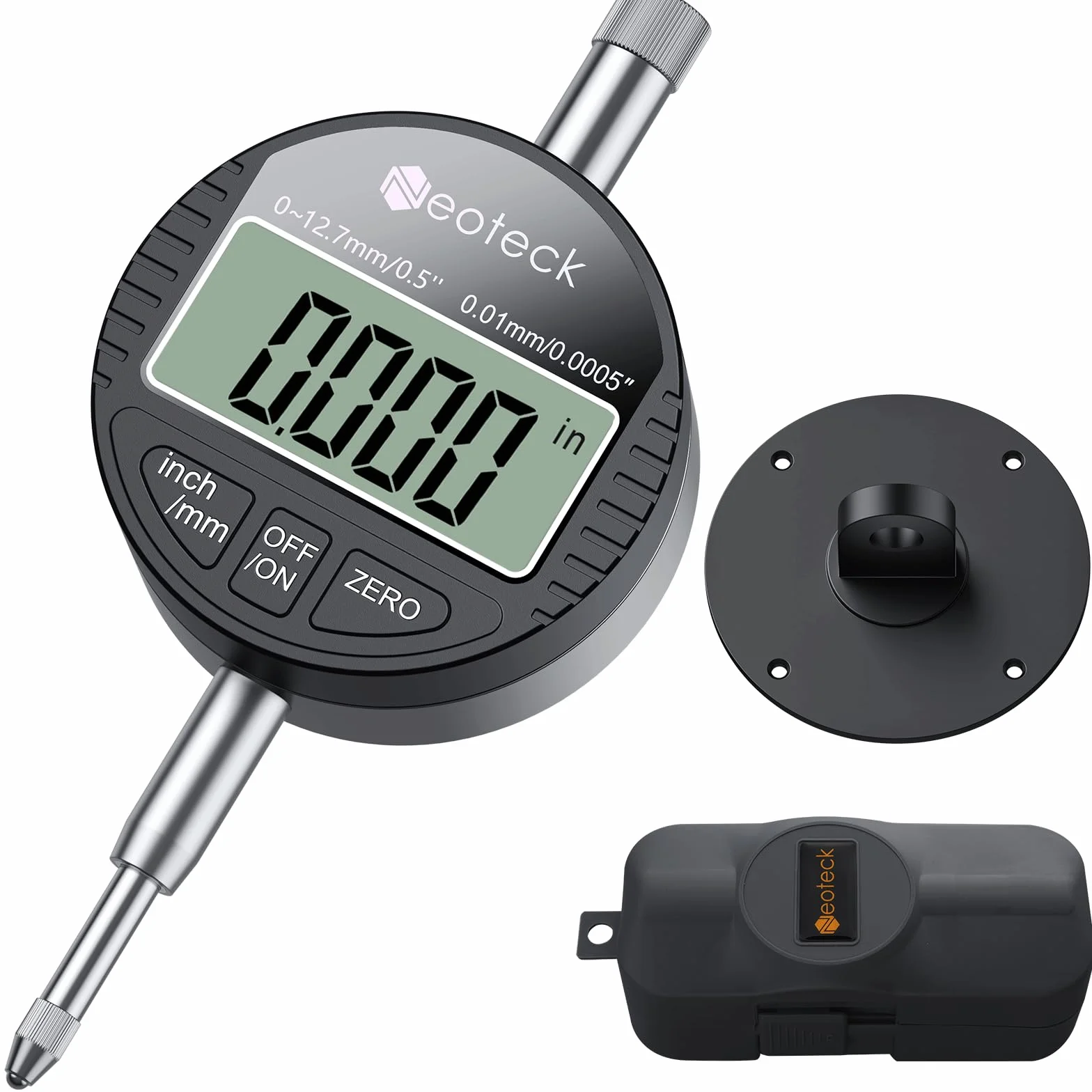Neoteck Comparatore Centesimale Digitale 0.01mm Precisione con LCD Display Calibro Indicatore di Quadrante Professionale 0-12.7mm/0.5" Commutazione mm/inch per Meccanici Officina Laboratorio