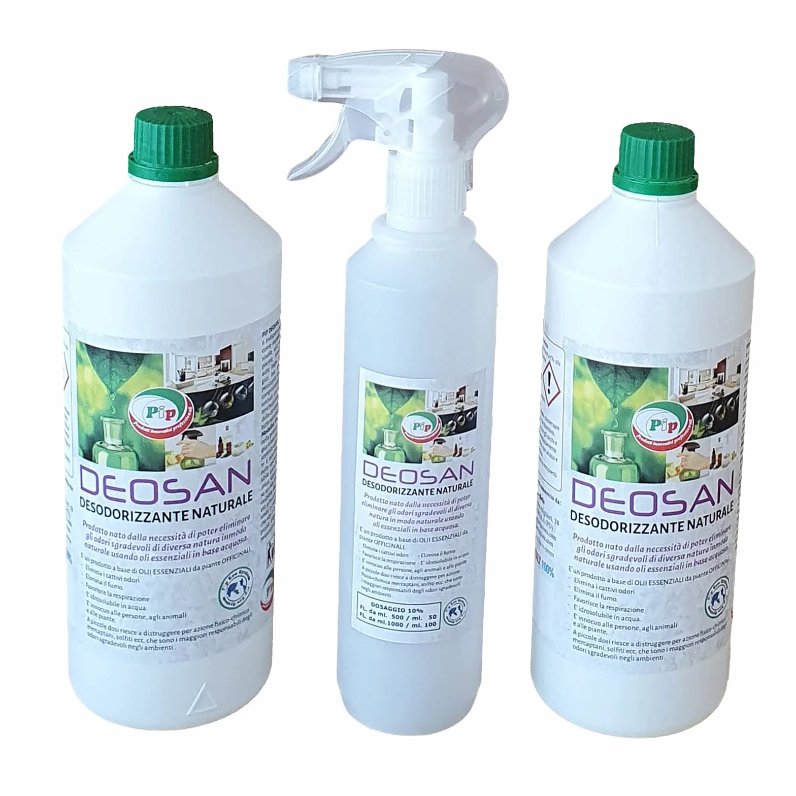 PIP Detergente Elimina Odori Deosan, Desodorizzante Naturale, Assorbiodori Professionale, Profumambiente, Naturale Mangiaodori, Ottimo nei Nebulizzatori, Flacone + Vaporizzatore