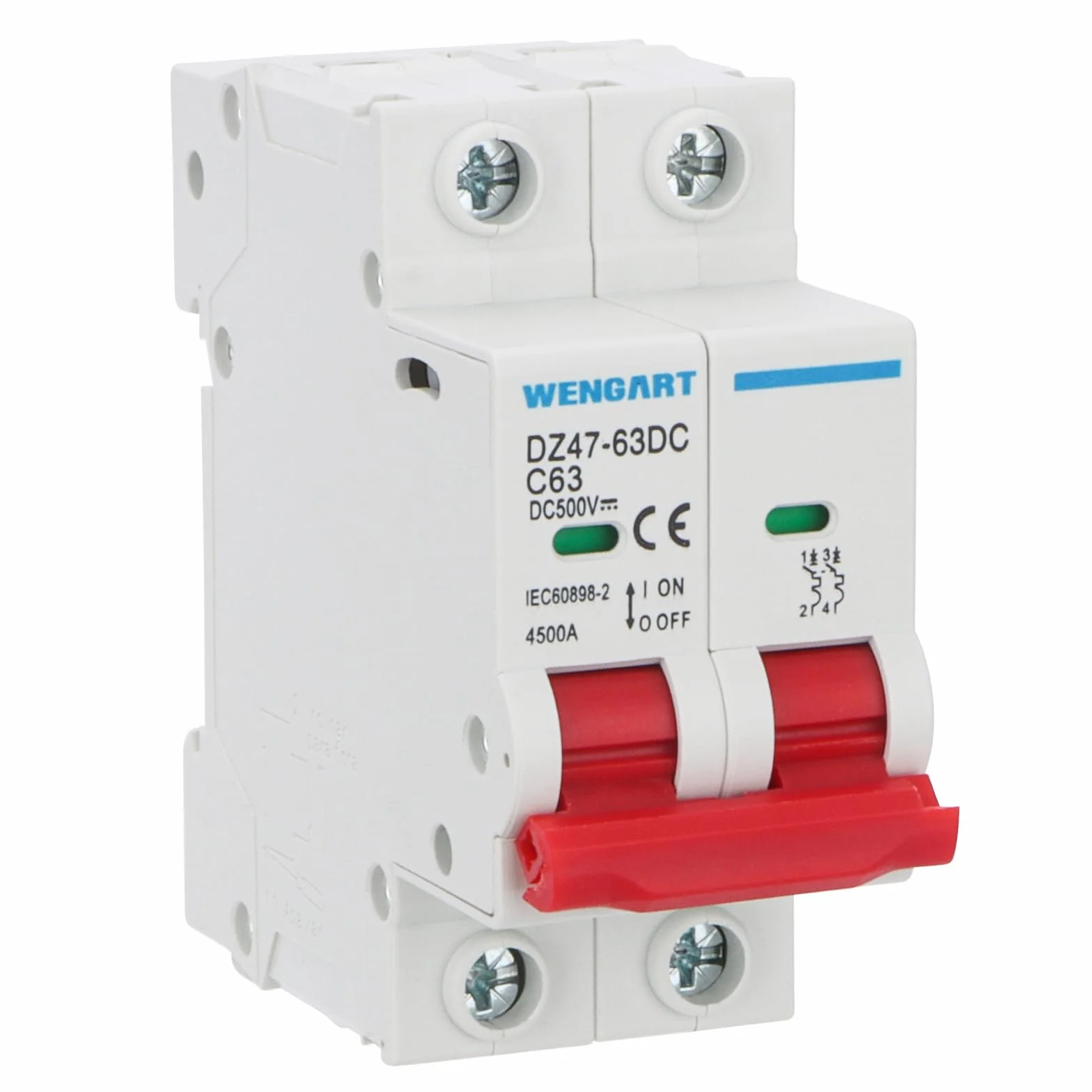 Interruttore DC Wengart DZ47-63Z, interruttore di sezionamento DC, 500V 63A 2 poli, montaggio su guida DIN, per batterie e sistemi fotovoltaici solari e altri sistemi DC