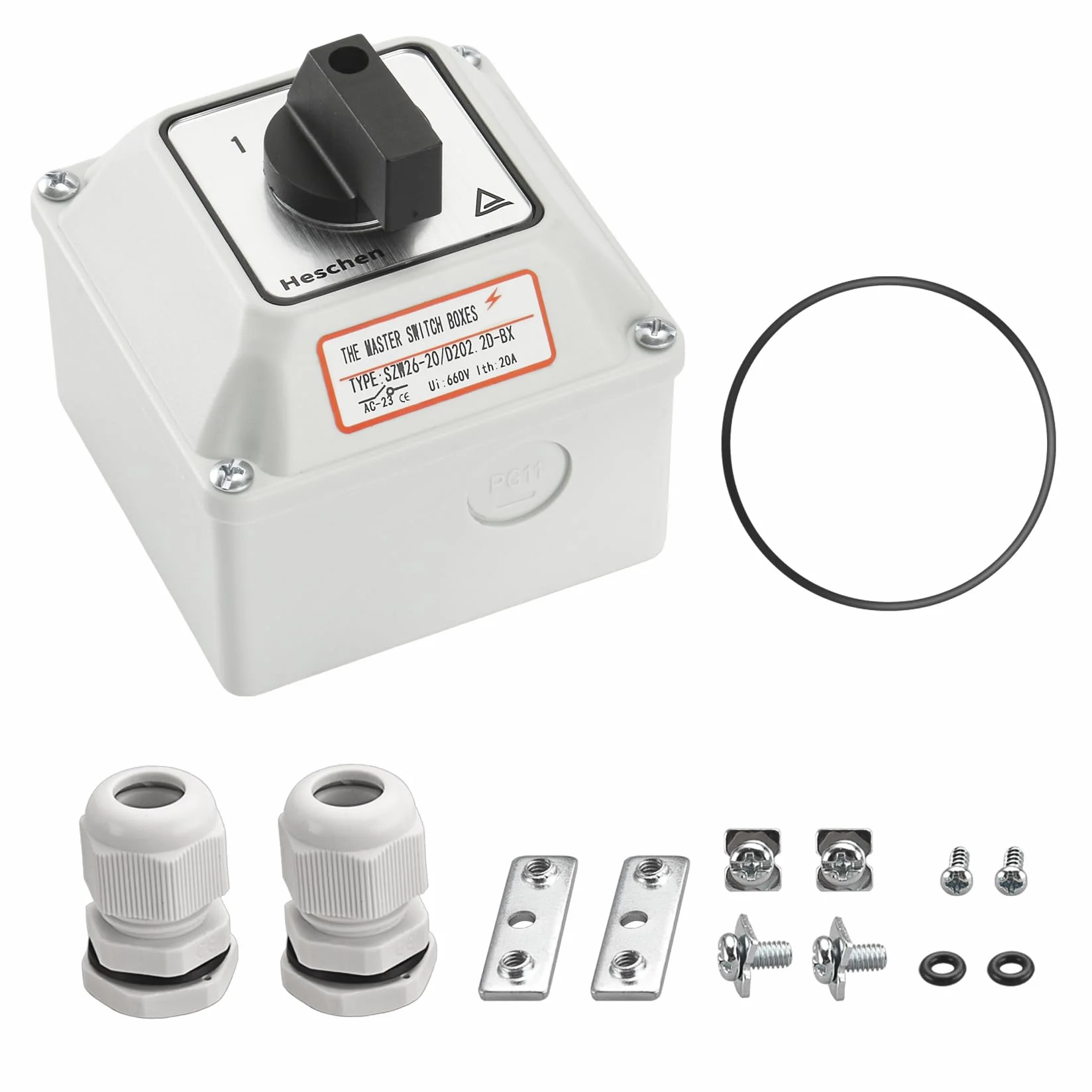 Heschen Interruttore selettore universale rotativo, SZW26-20/D202.2D, 660V 20A, 3 posizioni On-Off-On, 2 fasi 8 terminali, con scatola esterna interruttore master (Scatola più grande)