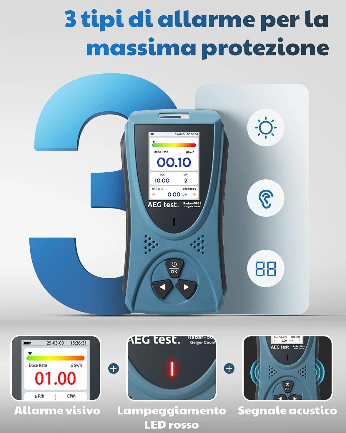 AEGTEST Contatore Geiger Radar-5633 Rilevatore Radiazioni Nucleari Schermo LCD Dosimetro Ricaricabile Beta Gamma X CPM μSv/h