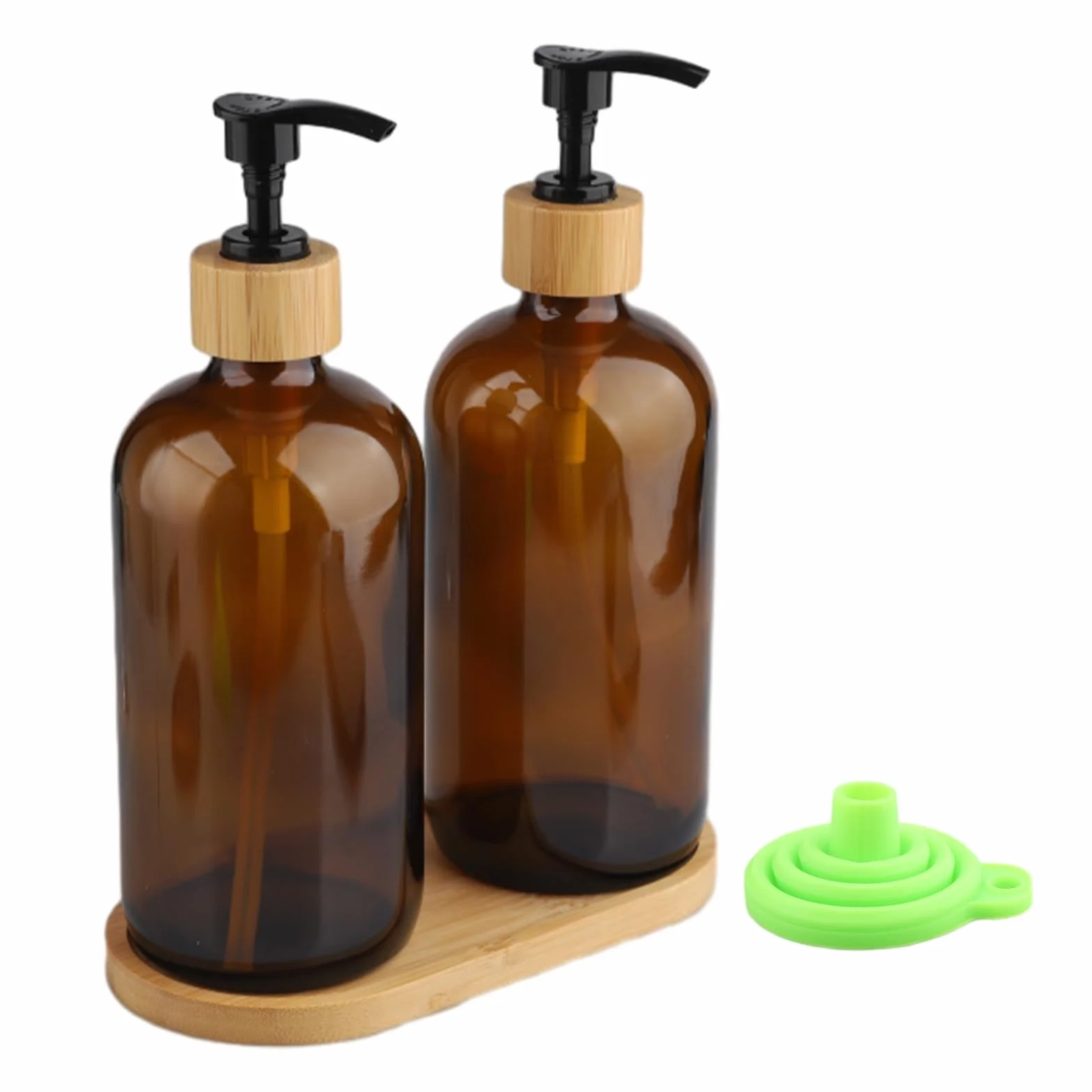Set di dispenser per sapone in vetro, due da 500 ml dispenser sapone mani, un dispenser ricaricabile con vassoio e pompa, adatto per bottiglie di shampoo, ideale per bagno e cucina (marrone)