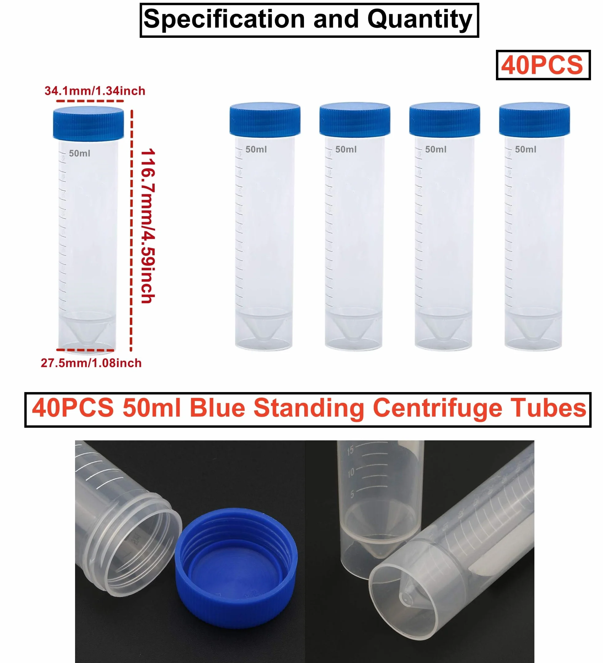 HUAZIZ 40 probówek wirowniczych 50 ml plastikowych niebieskich do laboratorium chemicznego