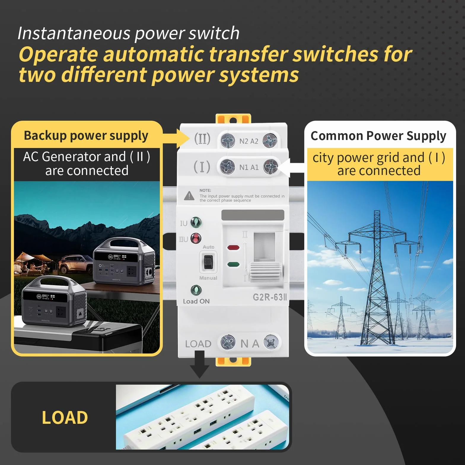 6-63a ATS Interruttore Trasferimento Automatico 2P 220V Dual Power Commutatore di Rete Automatico Fotovoltaico Commutatore 2 Posizioni Doppia Alimentazione per Impianti Domestici e Industriali